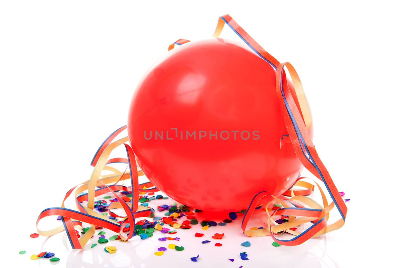 red party balloon, confetti and streamers over white background
