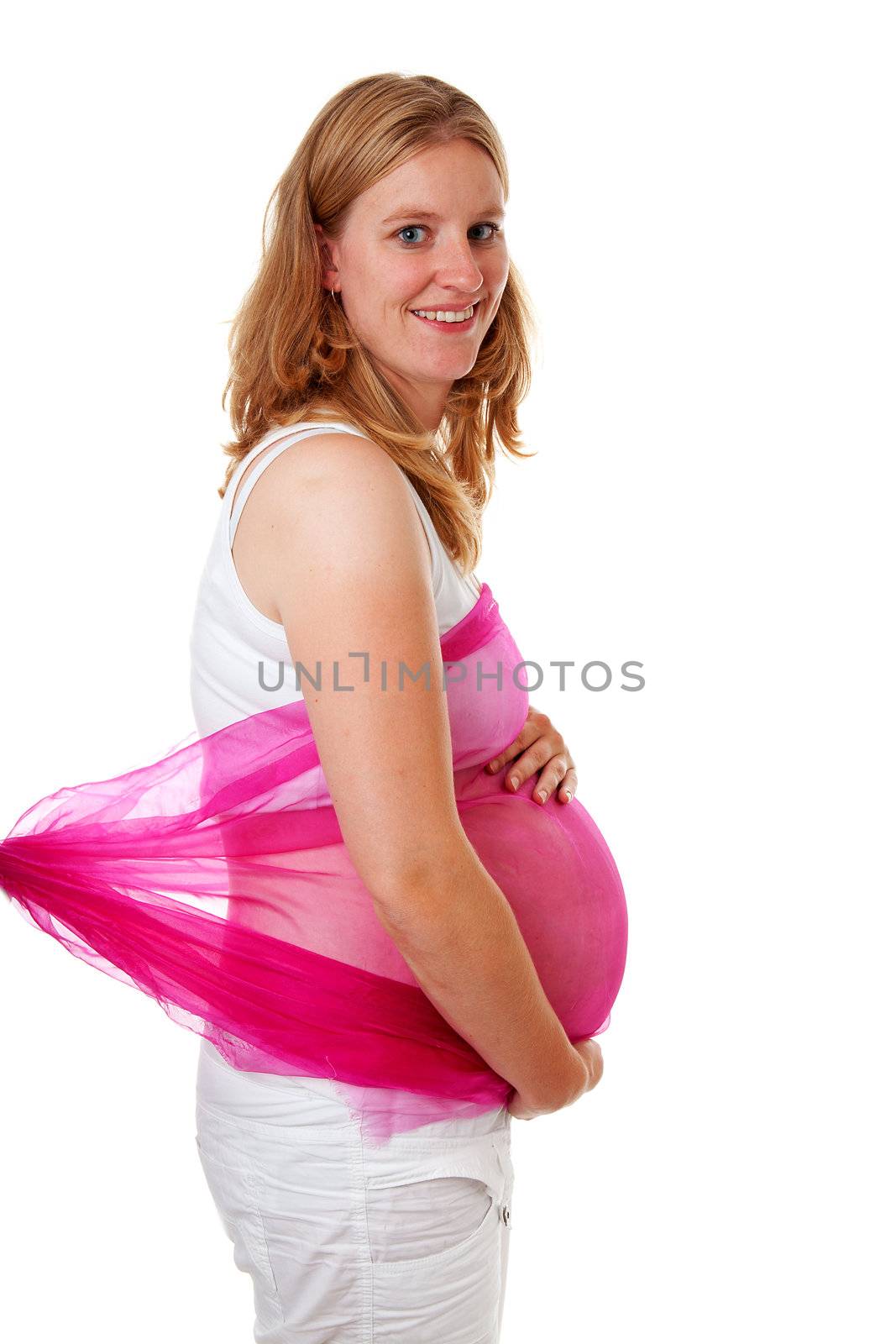 pregnant woman with pink cloth over white background