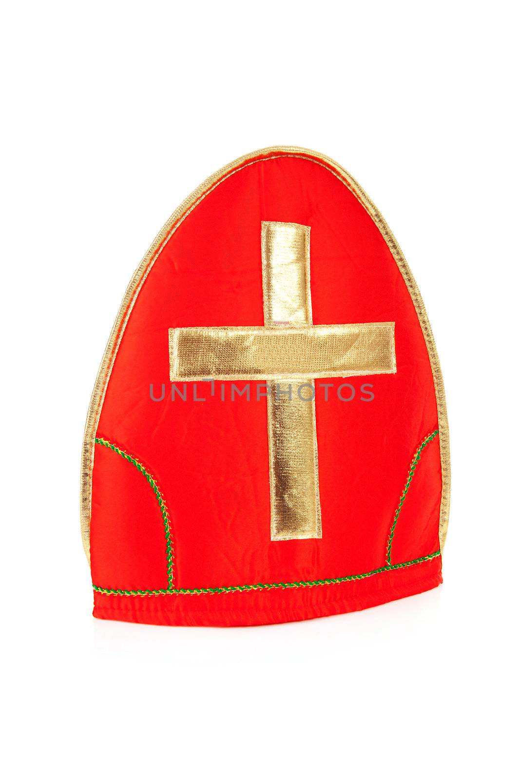 Mitre also known as mijter of Sinterklaas, part of typical Dutch tradition, isolated on white background 
