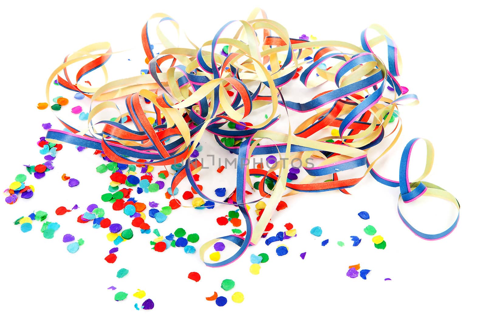 colorful confetti and party streamers over white background