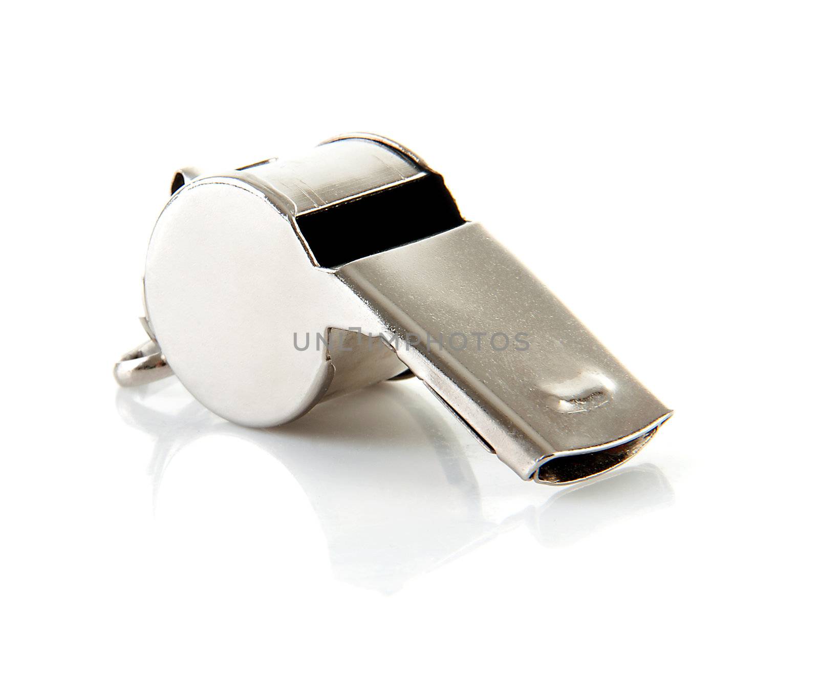 Metal coaches or referees whistle over white background