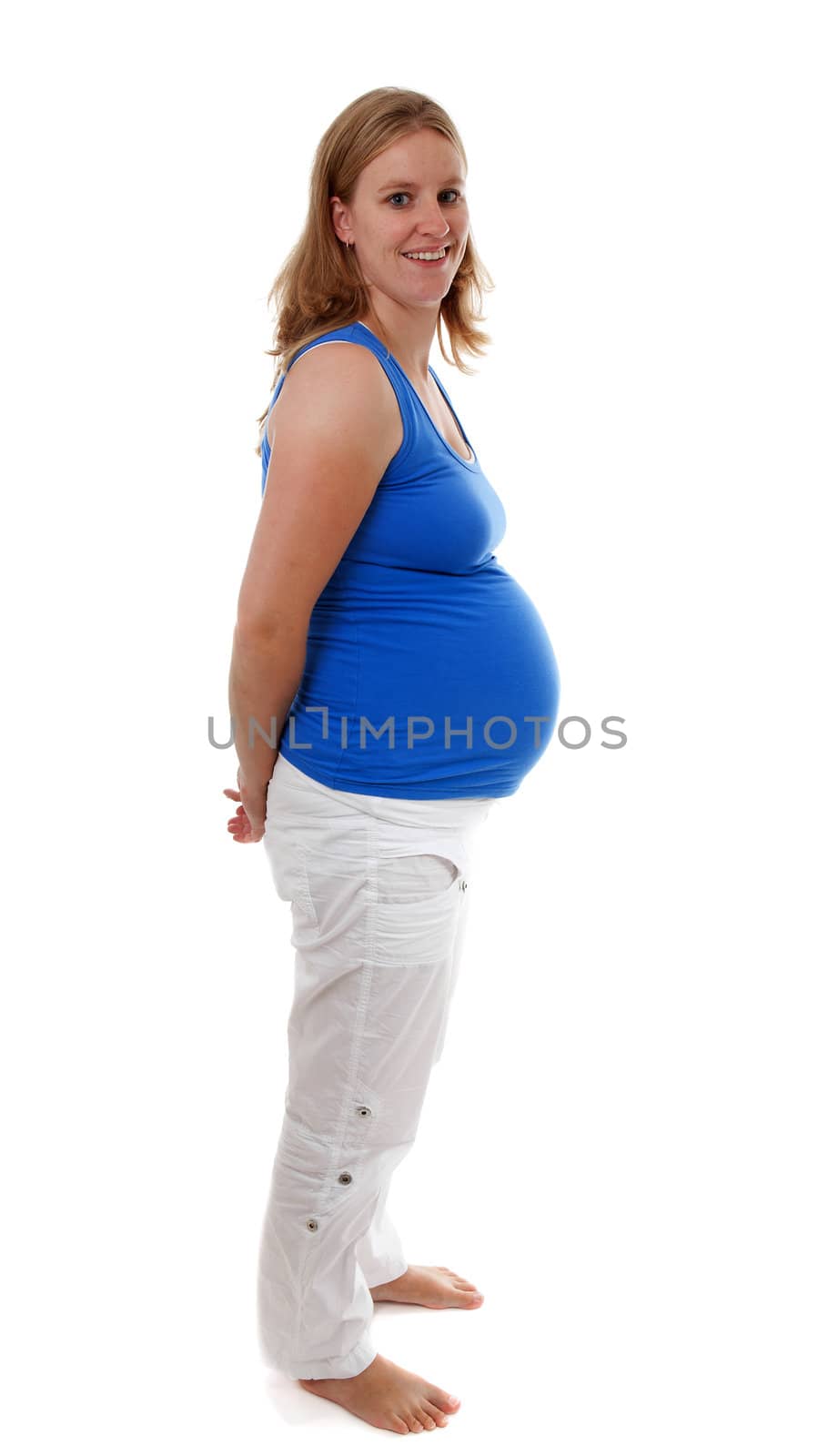 Pregnant women holding belly isolated on white background