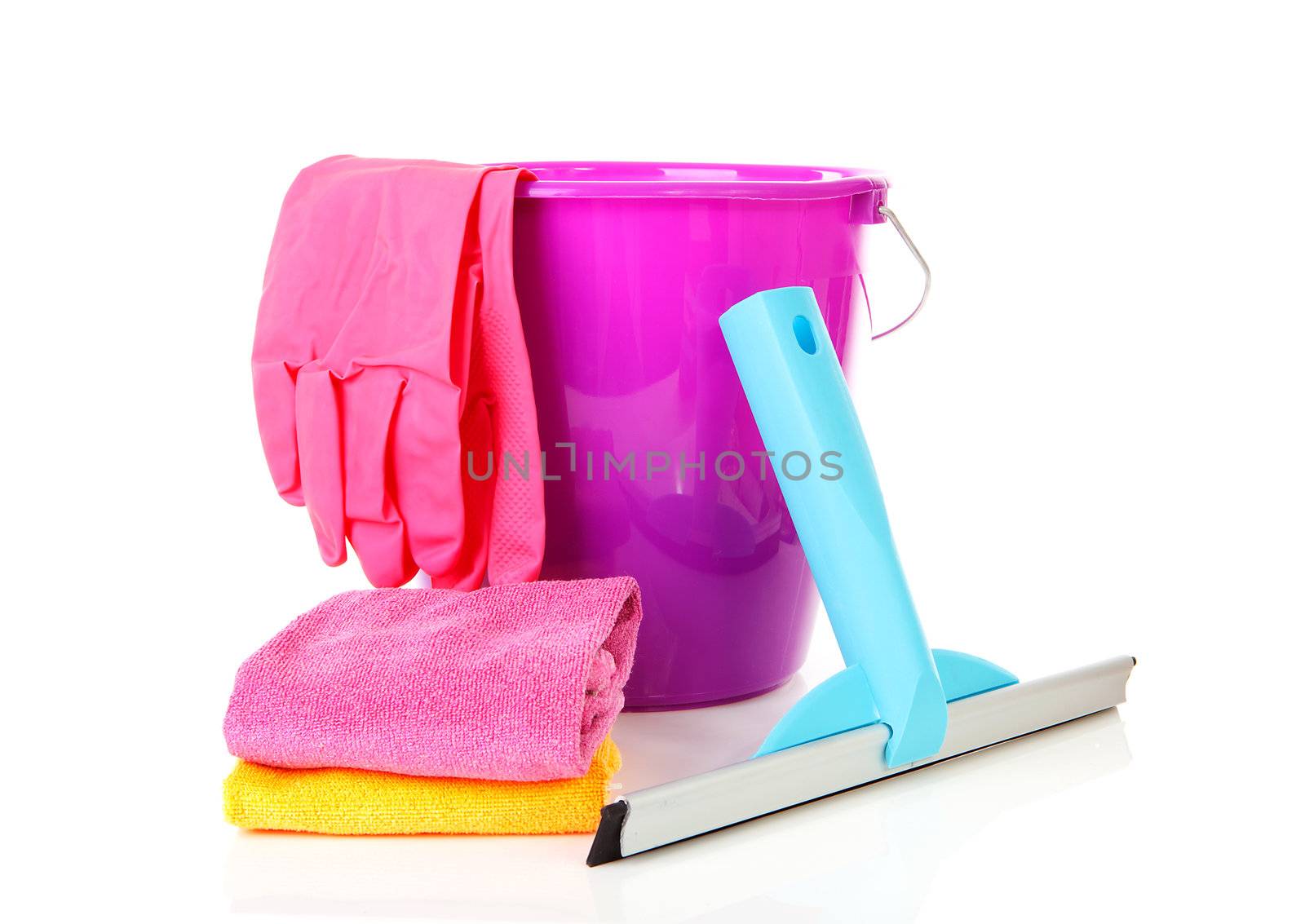 Bucket and window cleaning equipment over white background