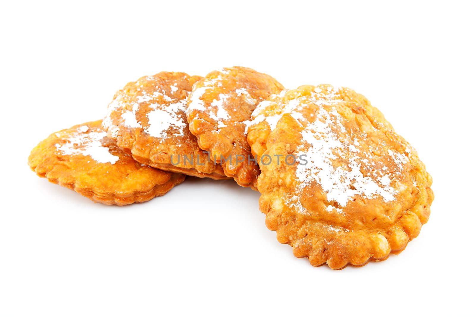 Four fresh home baked appelflappen ( apple fritter), typical dutch food on New years eve. isolated on white background 
