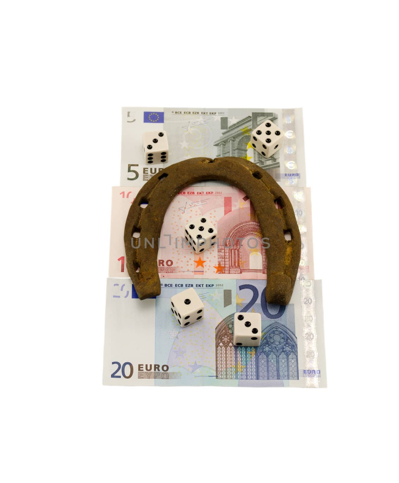 concept retro horse shoe gamble dice and euro cash paper banknotes isolated on white