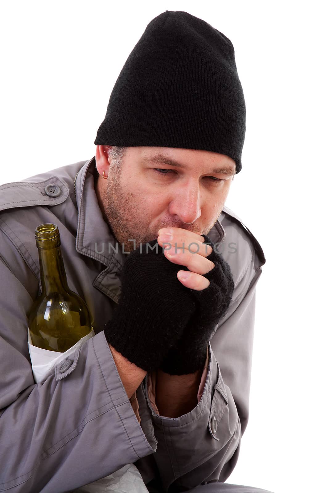 portrait of male homeless tramp over white background