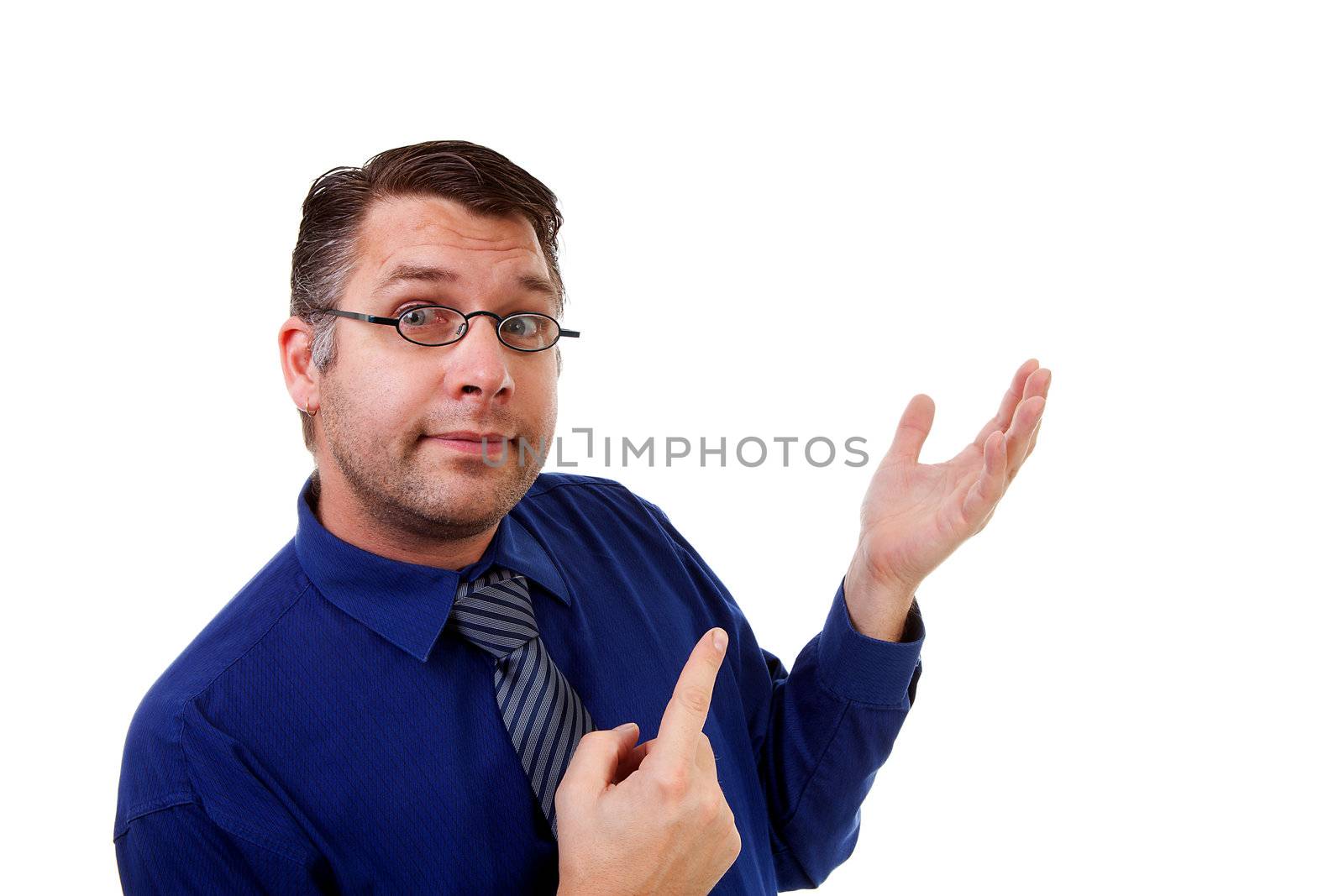 male nerdy geek is showing over white background