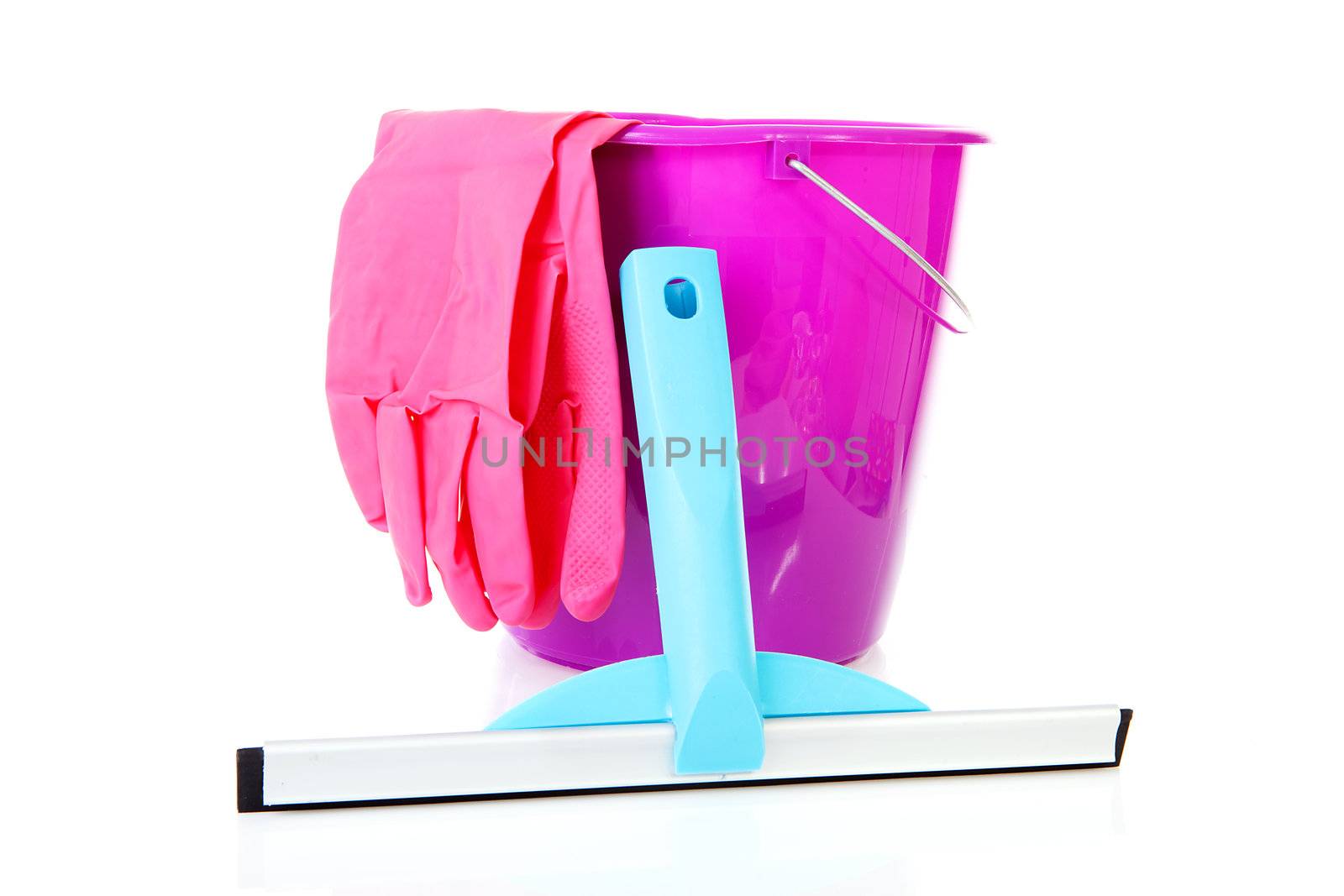 Bucket and window cleaning equipment over white background