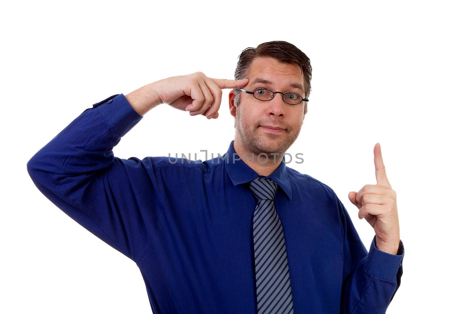 eureka, male nerdy geek has a brainwave over white background