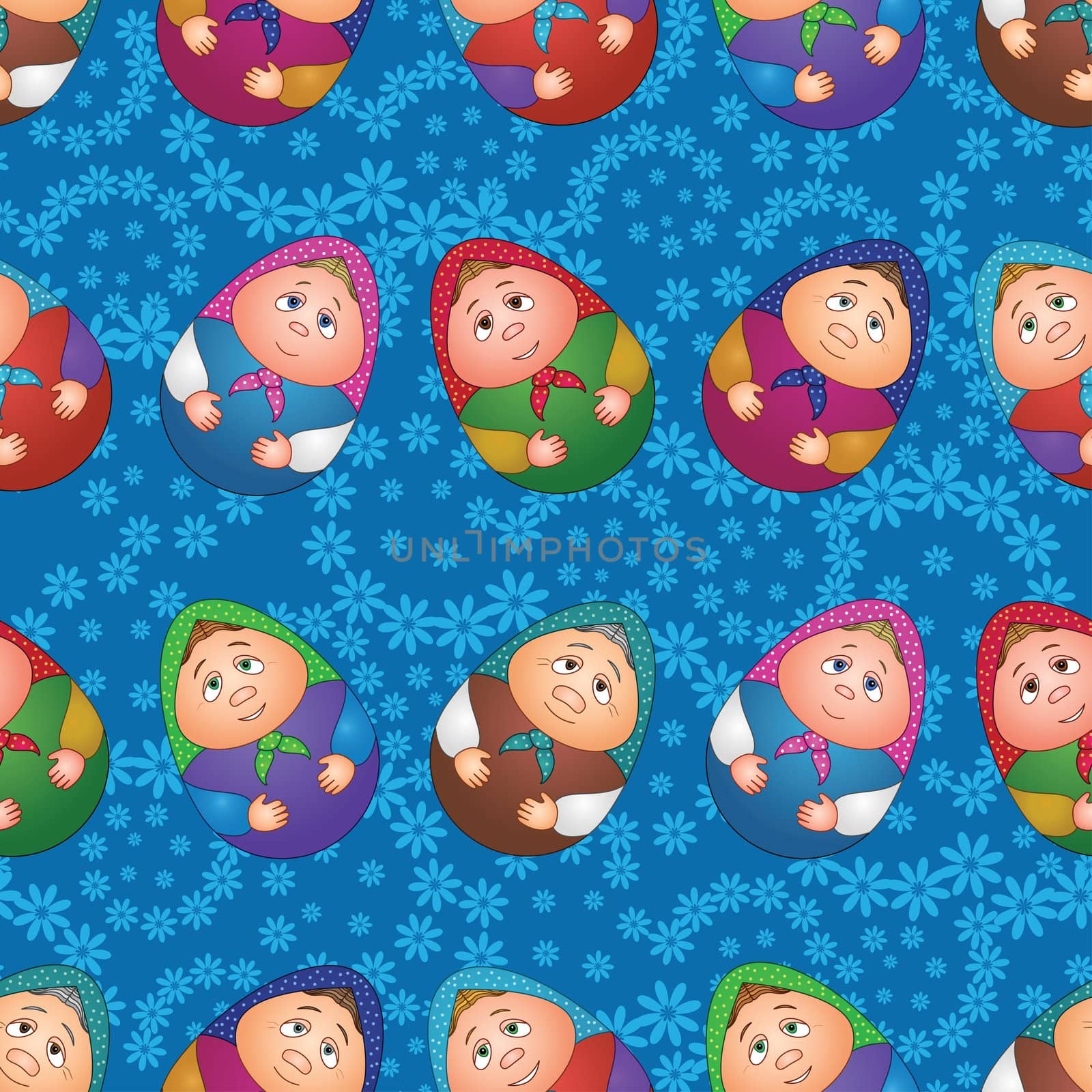 Seamless background, Russian traditional national wooden dolls Matreshka in the form of Easter eggs and blue floral pattern.