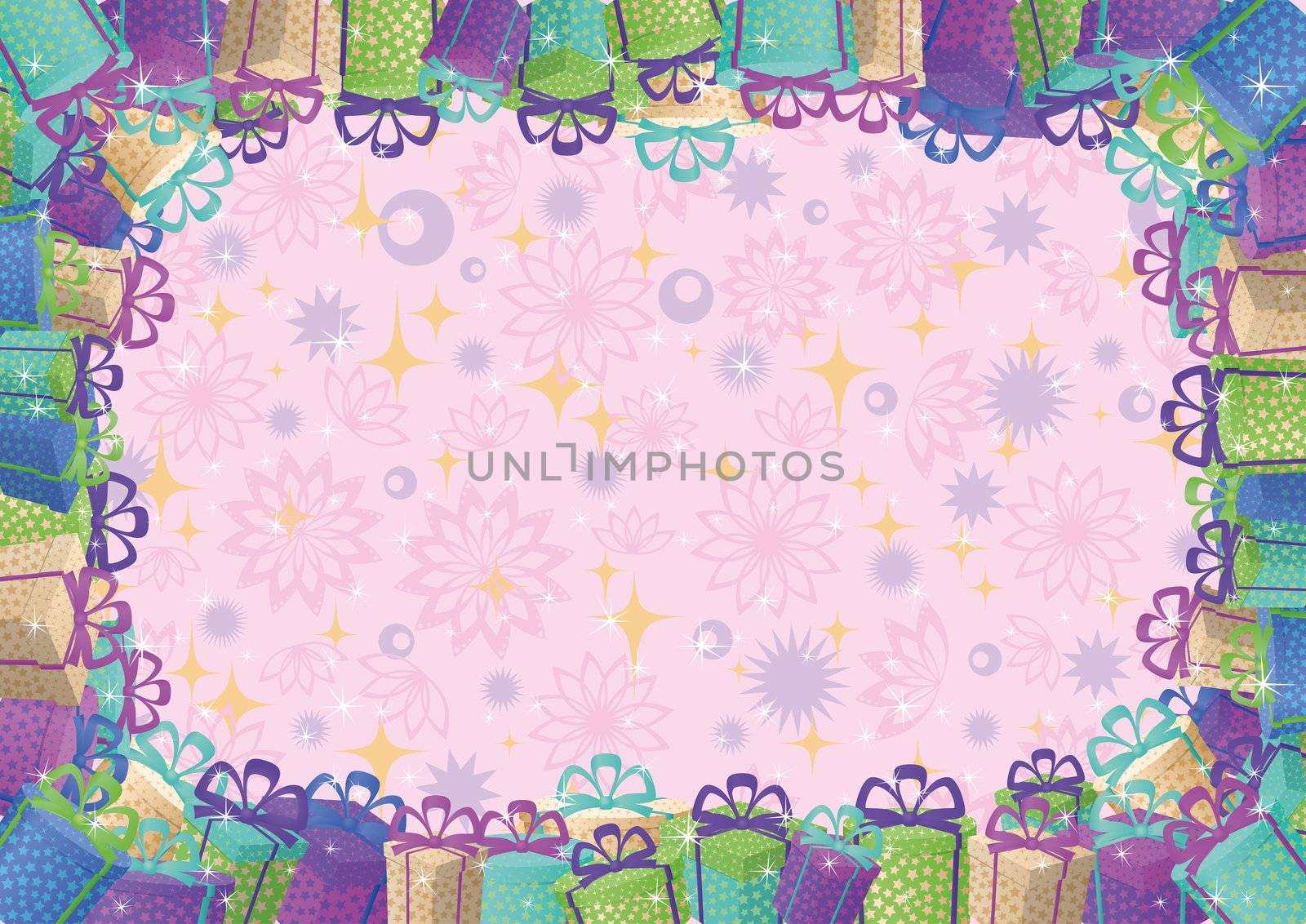 Holiday background, pattern with flowers and stars and frame of gift boxes.