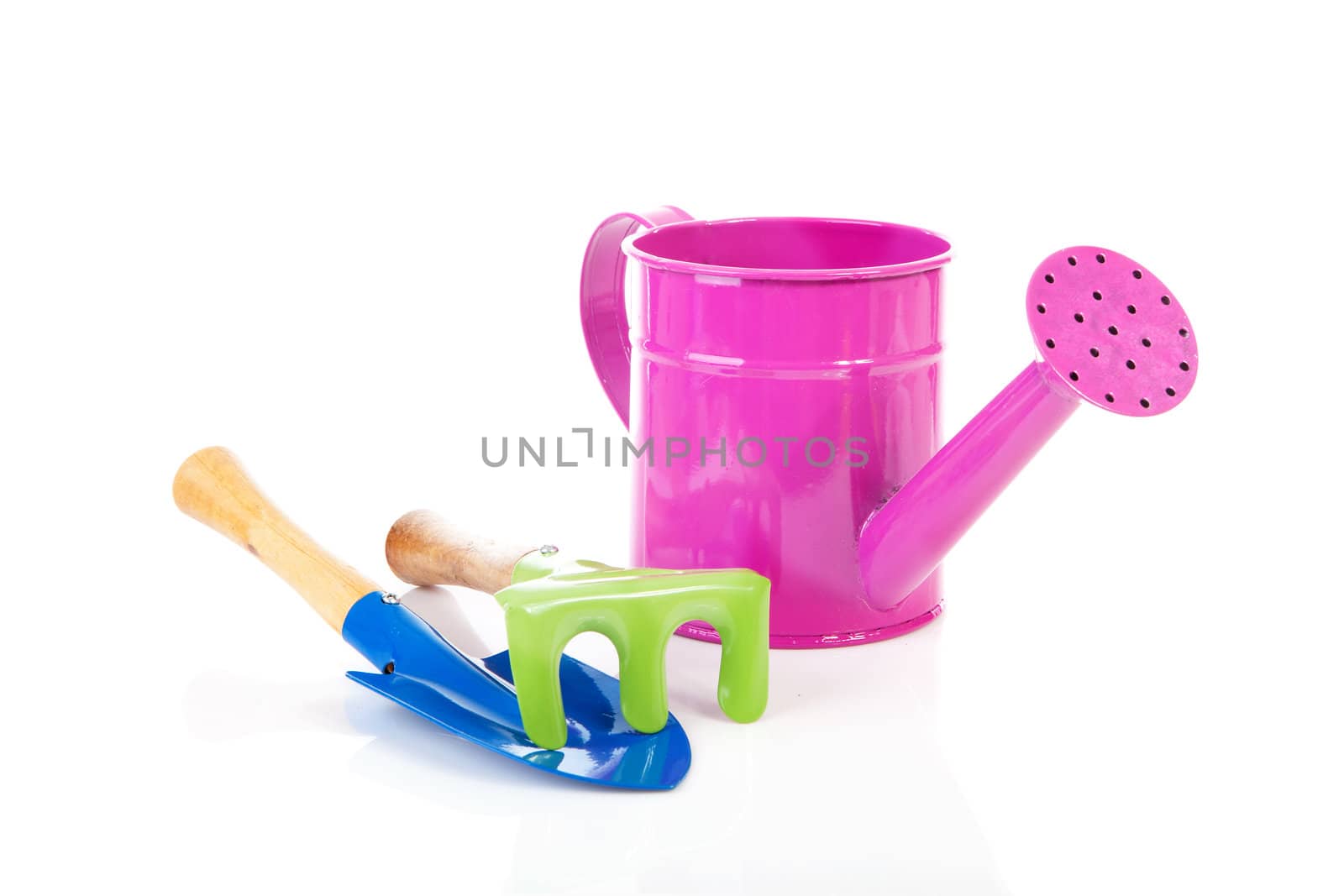 Colorful gardening tools over white background; watering can, shovel and rake