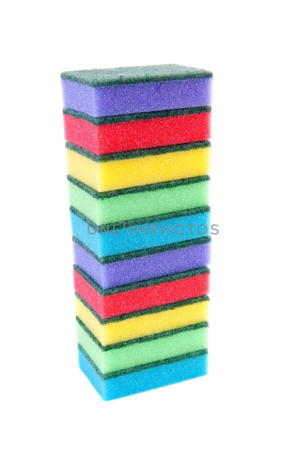Pile of colorful sponge scourer over white background