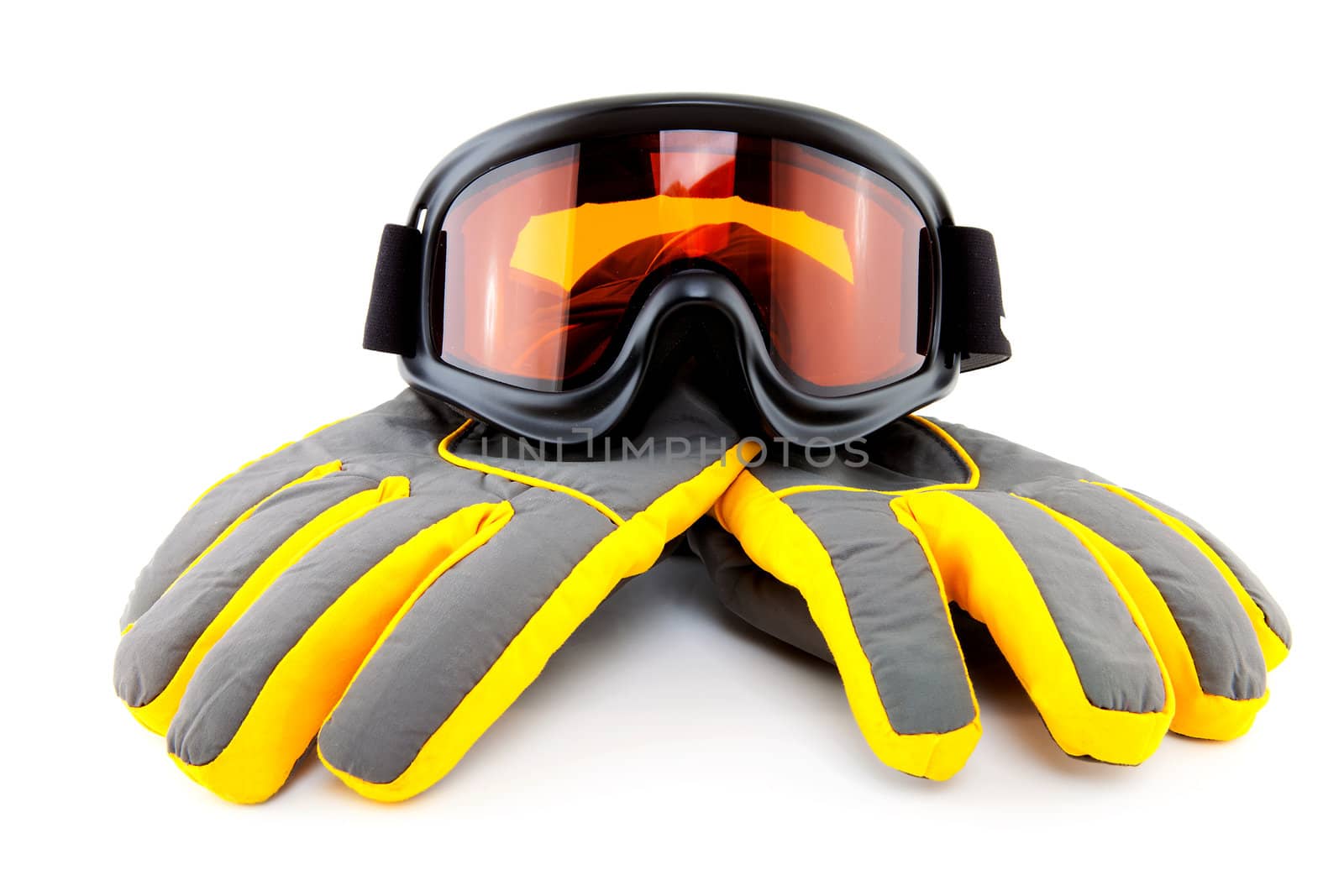 ski goggles and gloves isolated on white background