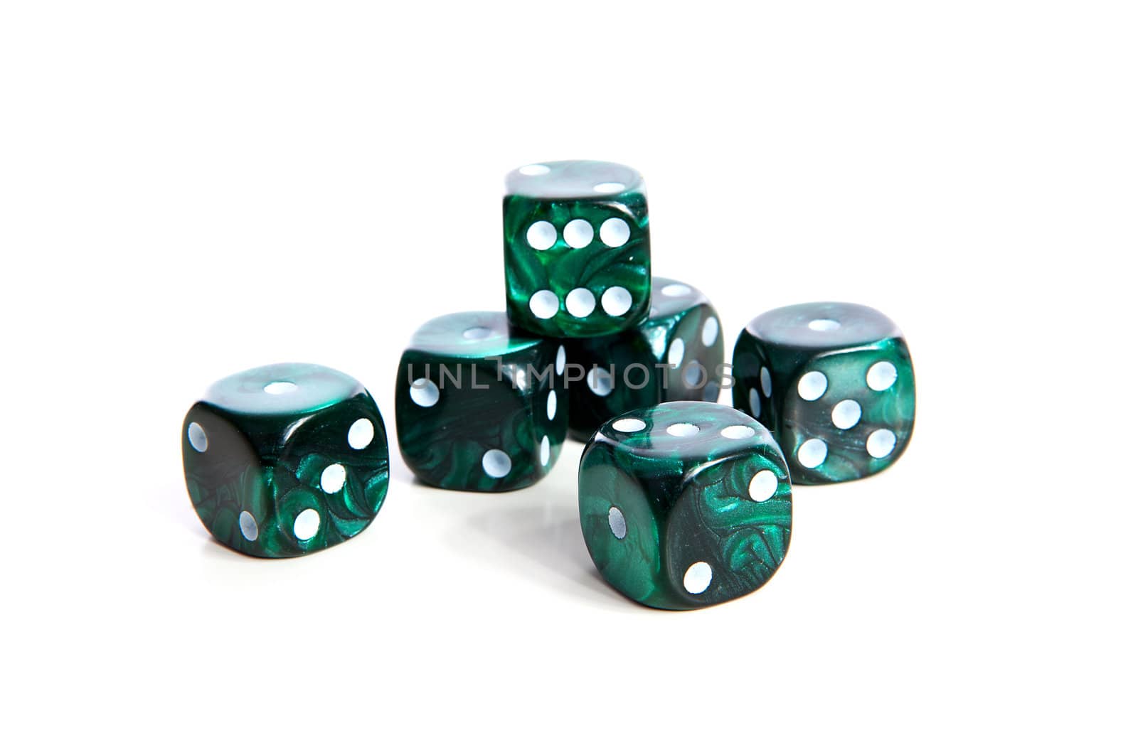 couple of green dices isolated on white background