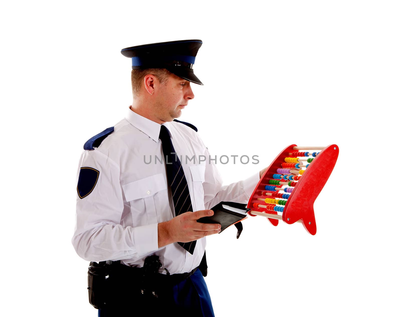 Dutch police officer is counting vouchers quotas with abacus over white background