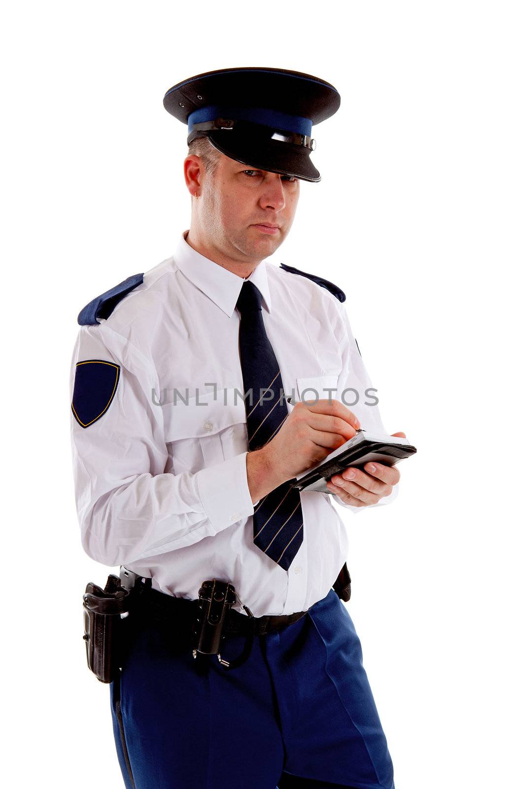 Dutch police officer filling out parking ticket over white background