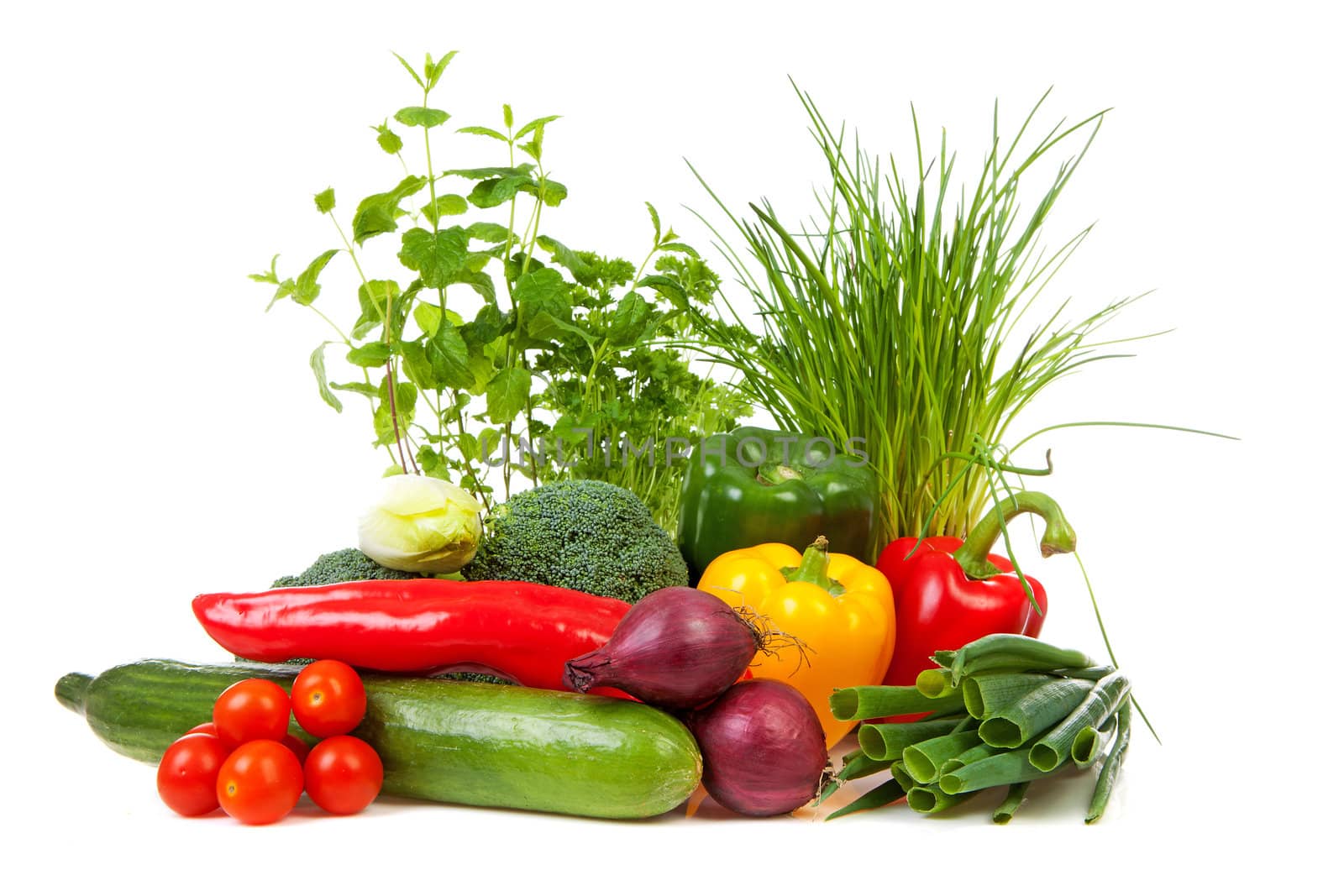 Bunch of fresh vegetables over white background