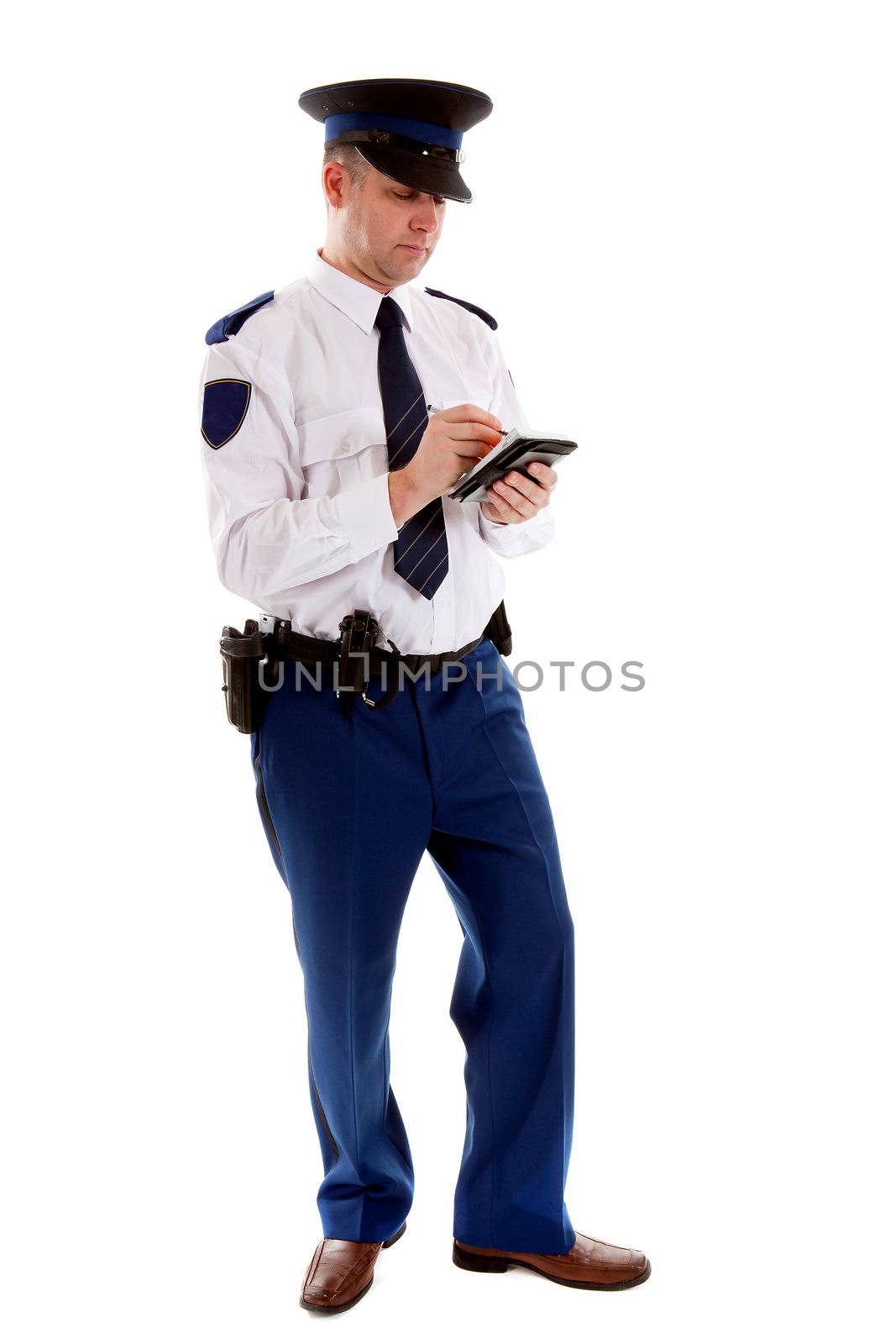 Dutch police officer filling out parking ticket over white background