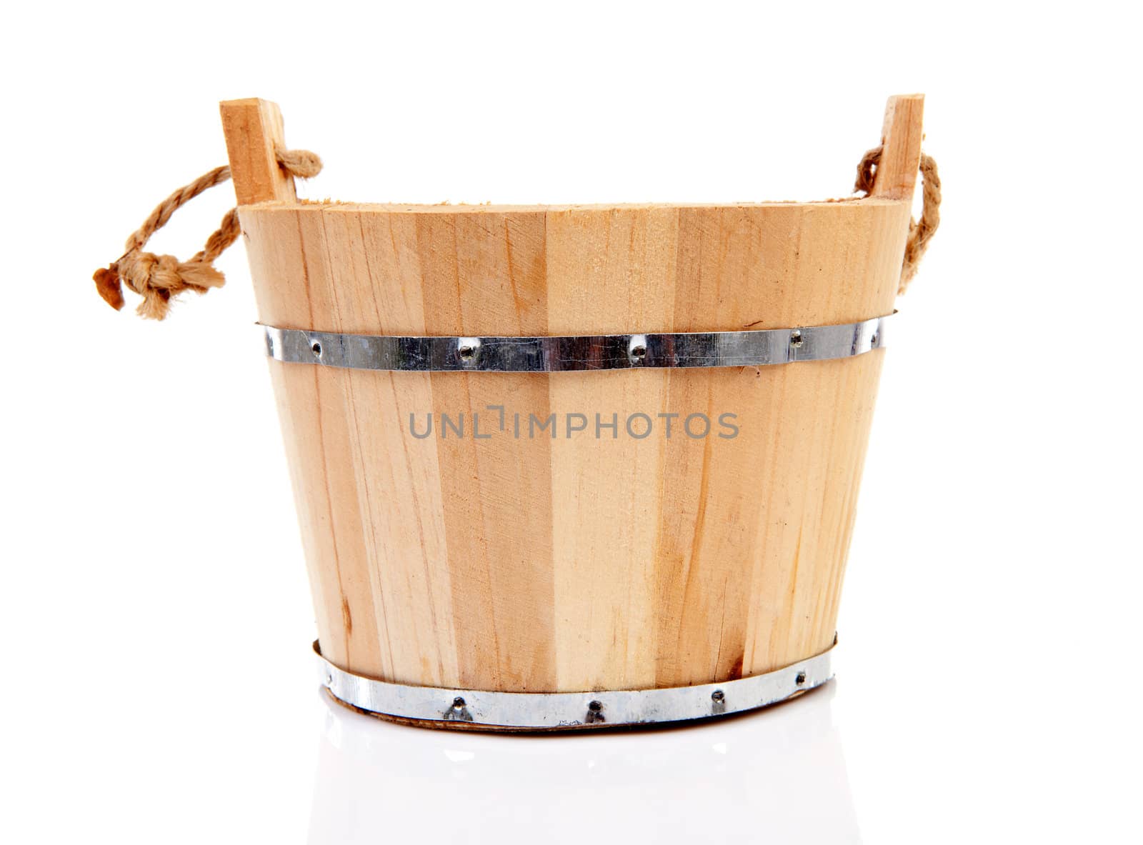 wooden bucket for spa or sauna isolated on white background