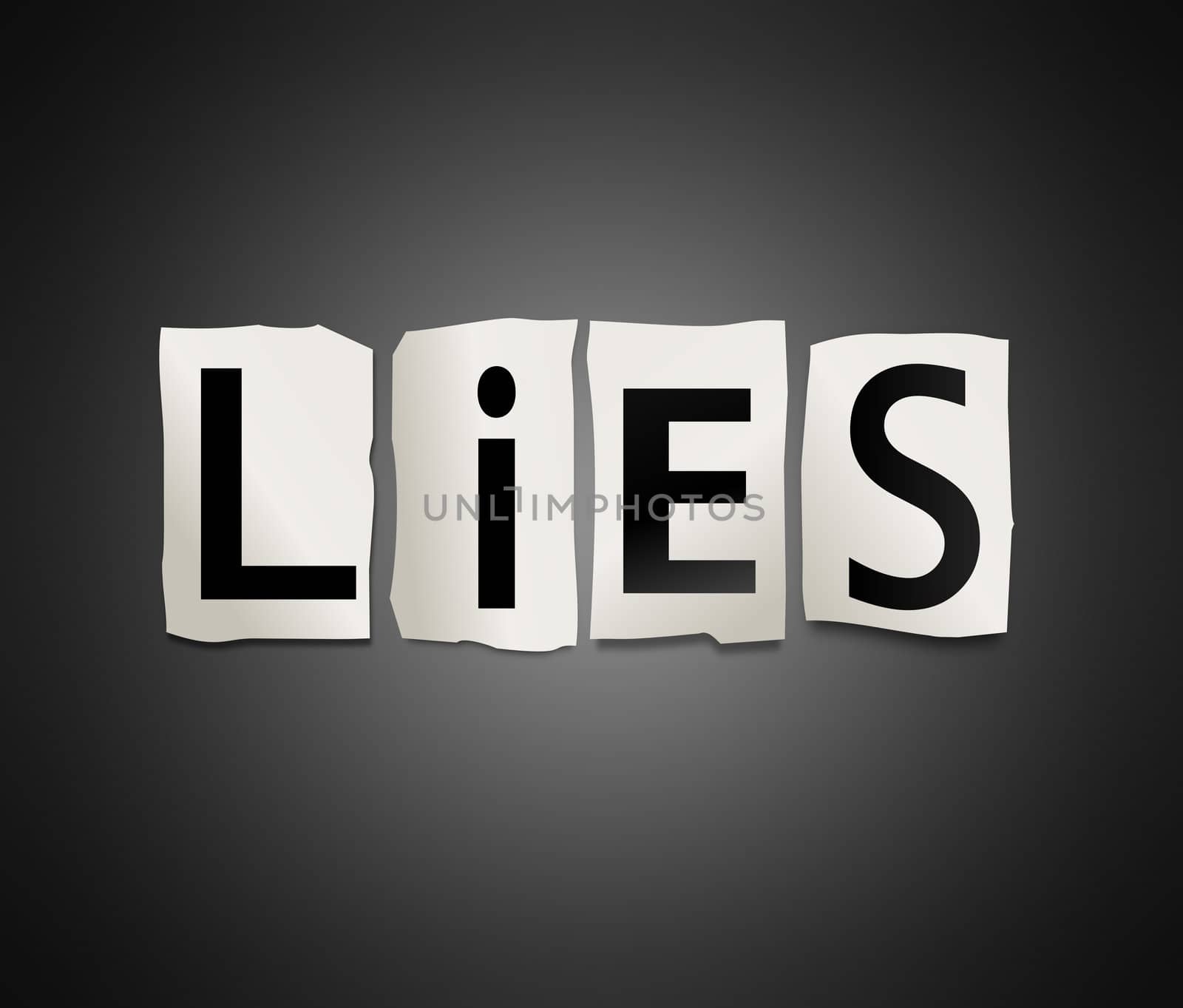 Illustration depicting cutout printed letters arranged to form the word lies.
