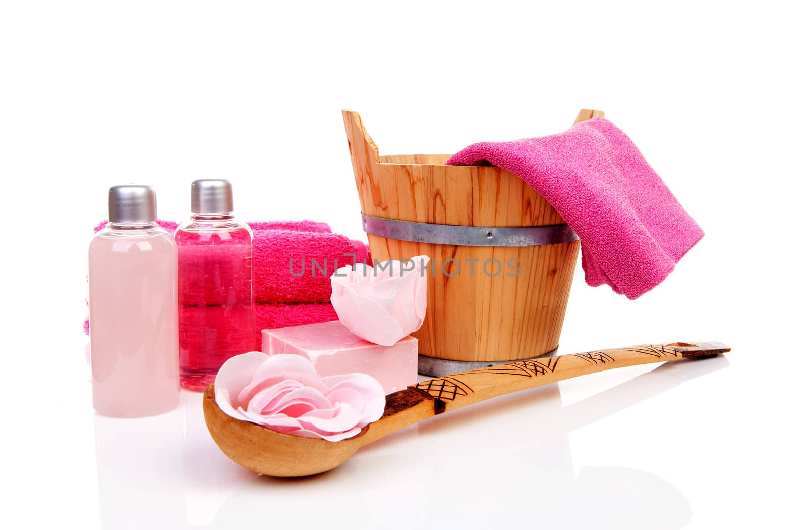 pink accessory for spa or sauna over white background