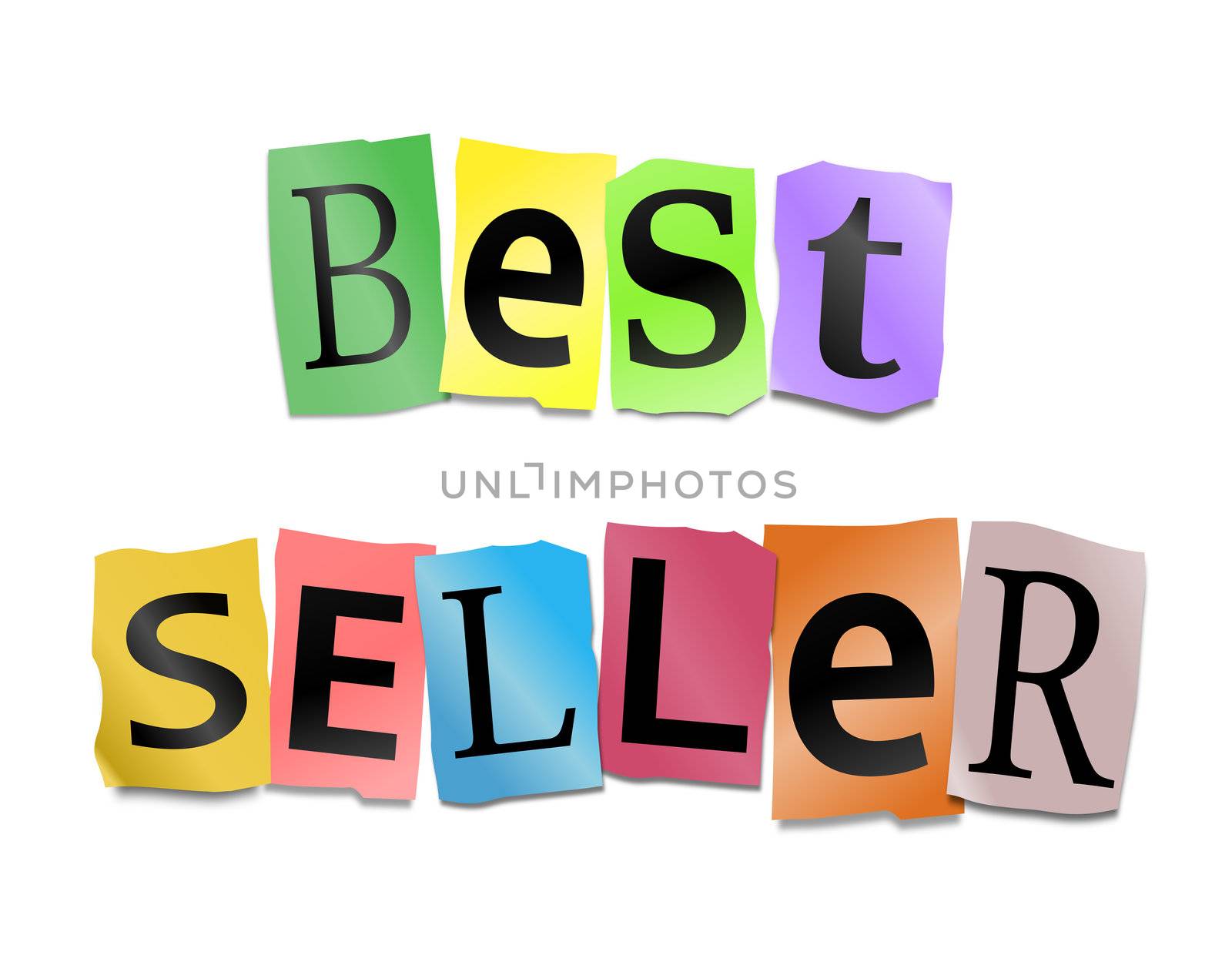 Illustration depicting cutout printed letters arranged to form the words best seller.