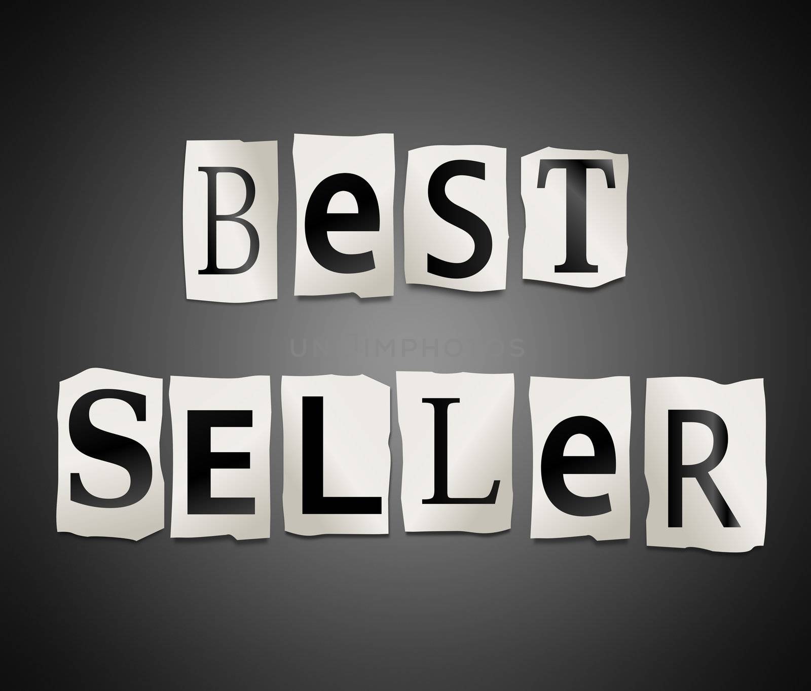 Illustration depicting cutout printed letters arranged to form the words best seller.