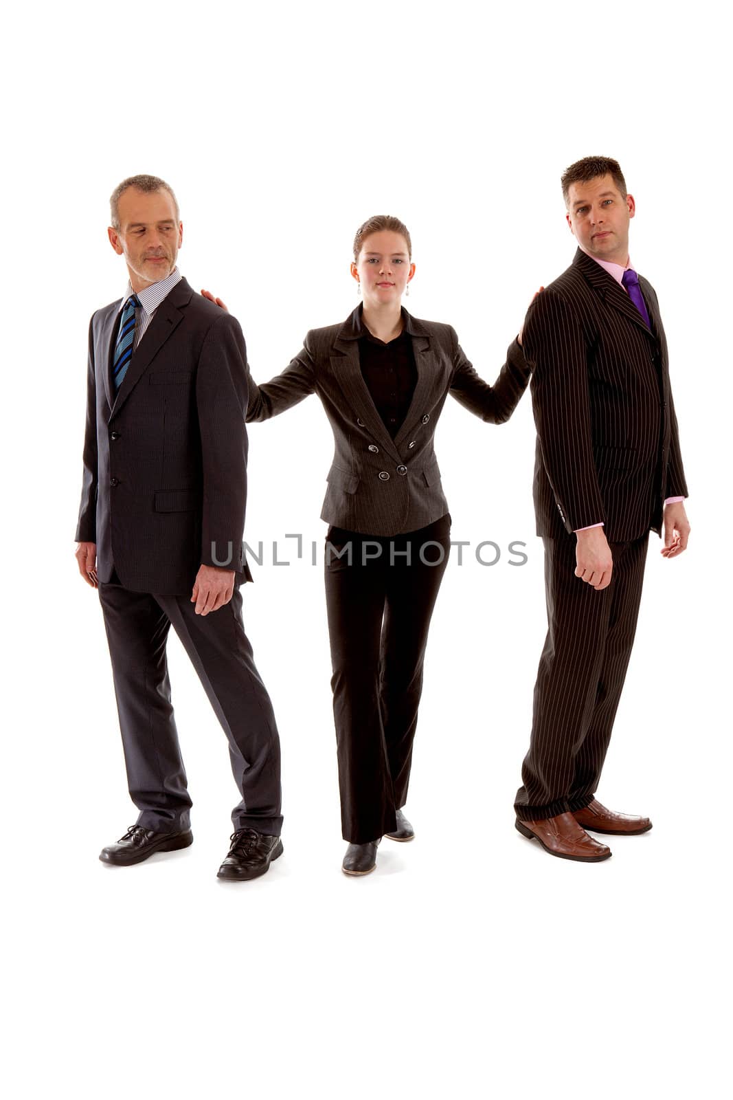 Three business people standing over white background
