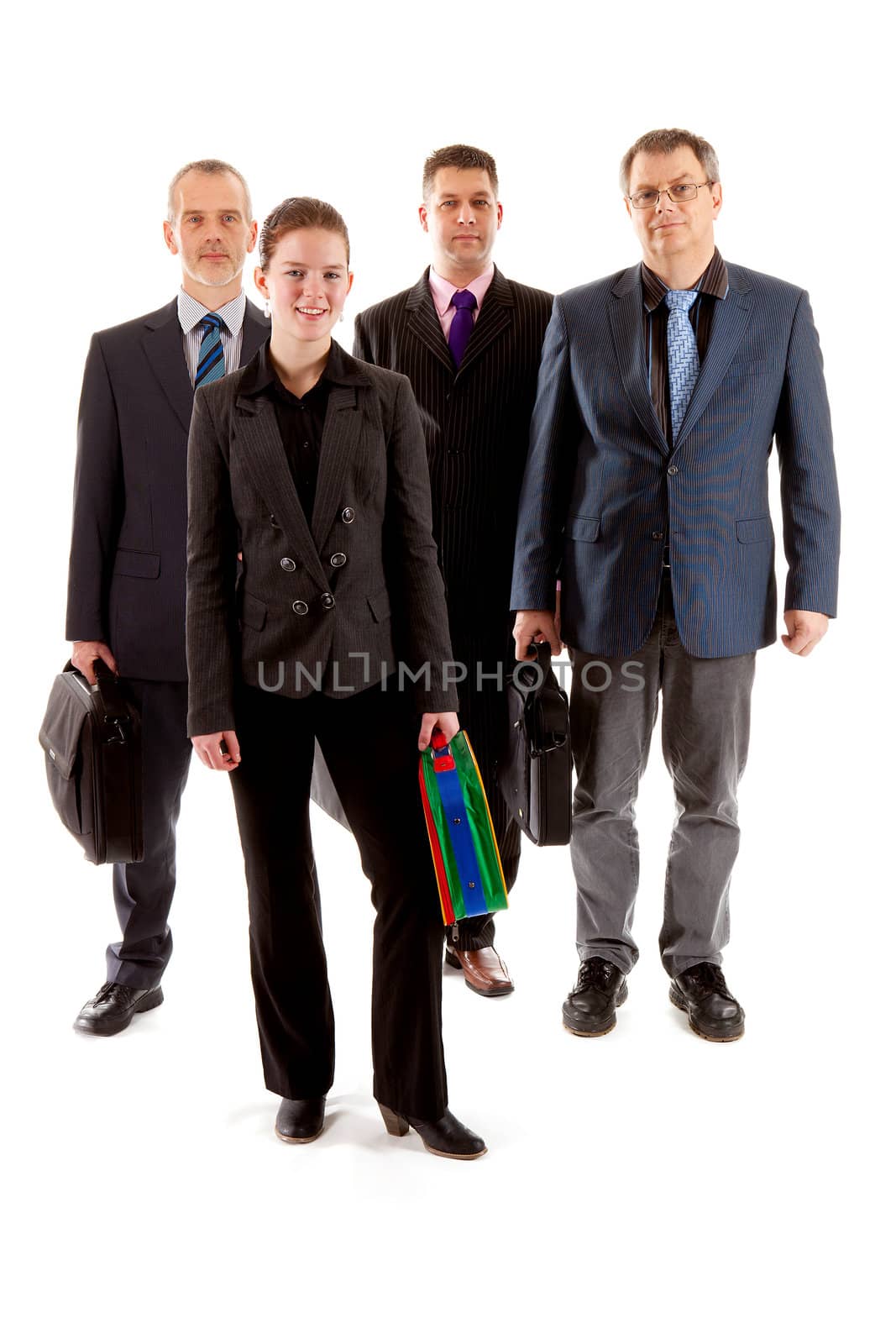 Four business people standing over white background