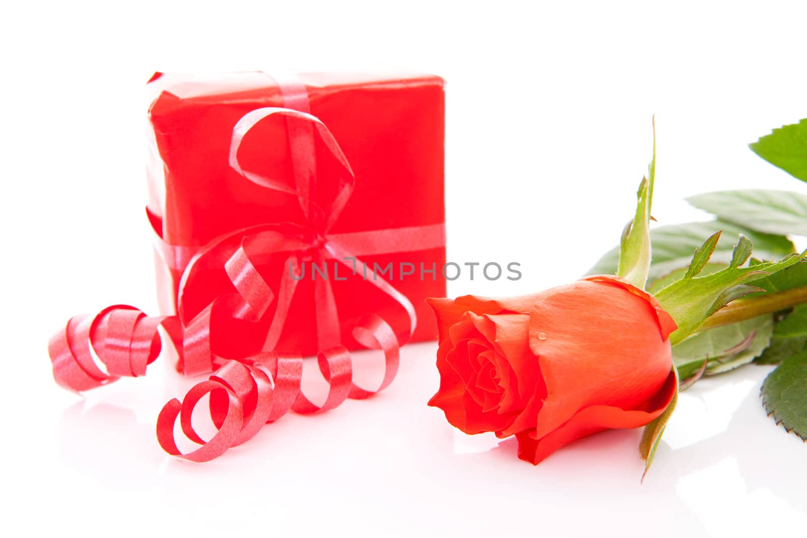 red present and rose for Valentines over white background