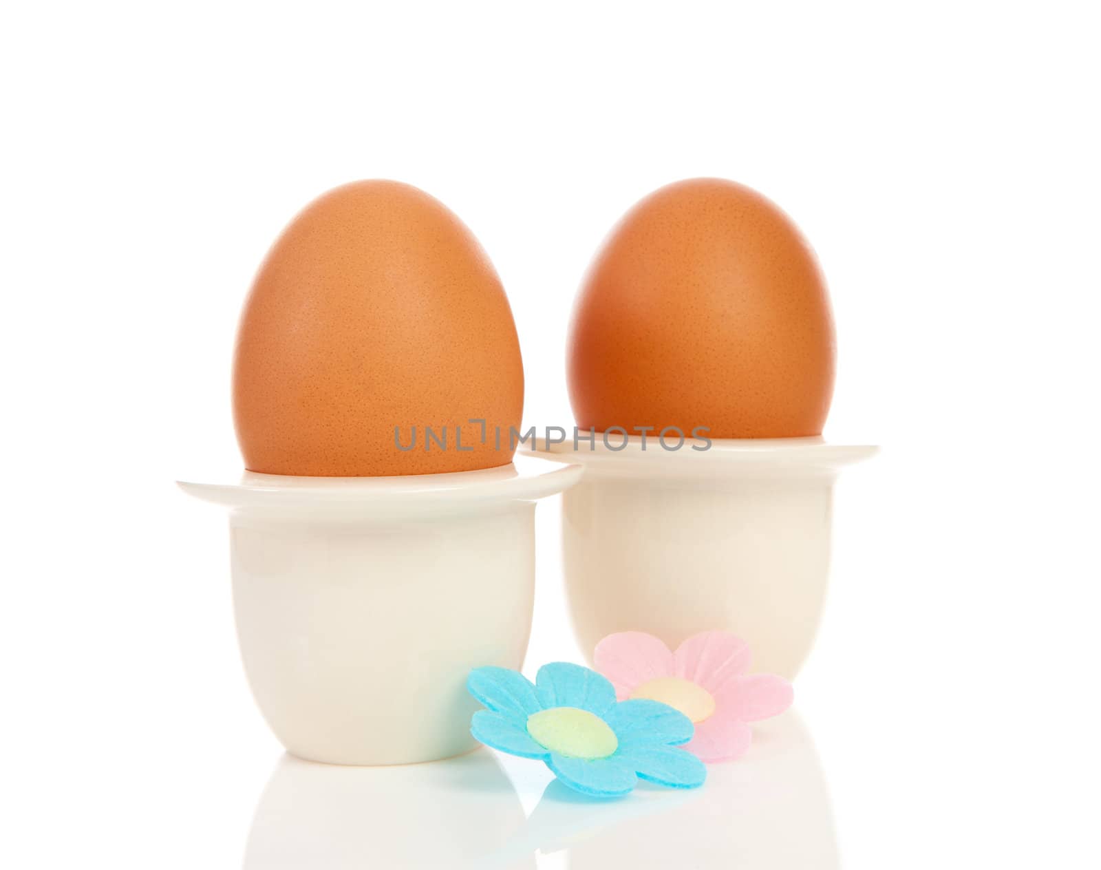 Two chicken eggs in holder with flowers over white background