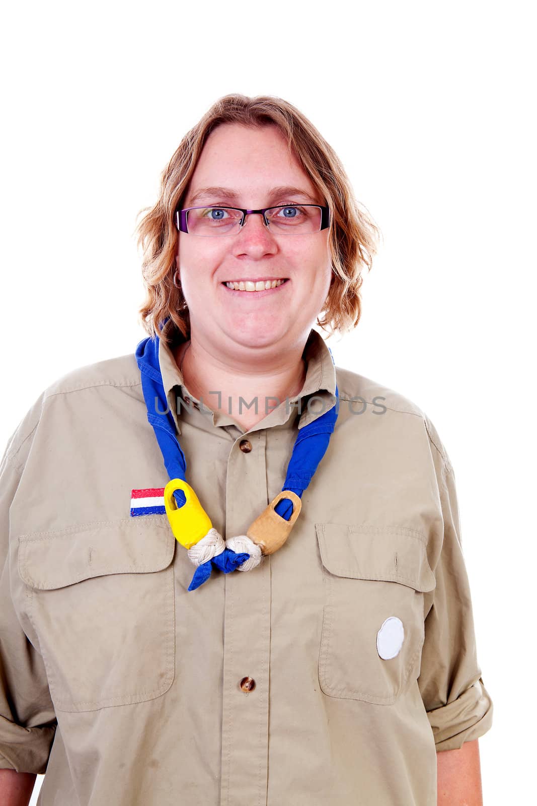 Portrait of female Dutch scout over white background