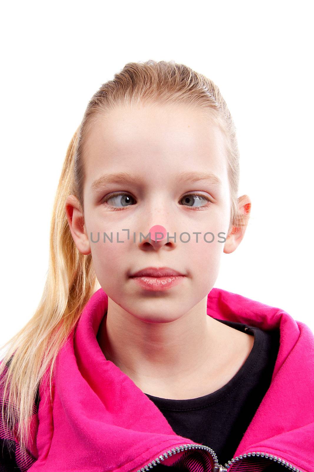 cross-eyed girl with red dot on nose over white background
