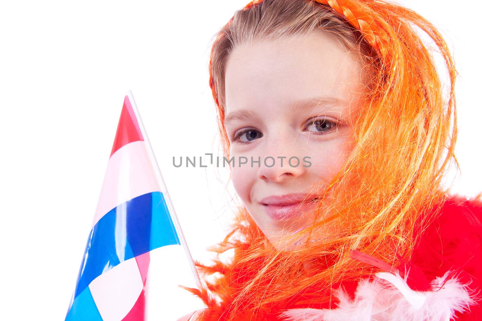 Girl is posing in orange outfit for soccer game over white background
