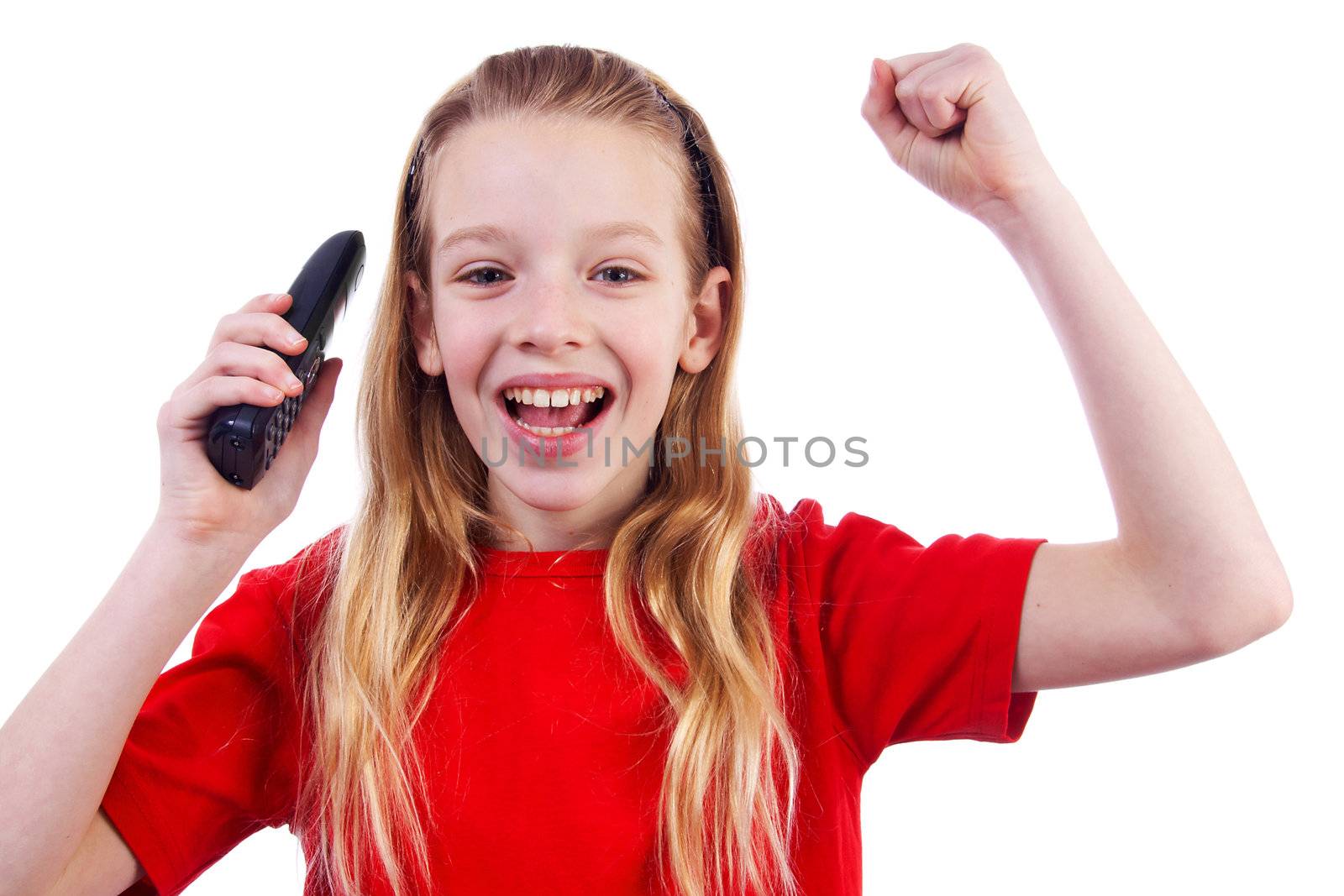 Happy Girl is calling on the phone over white background