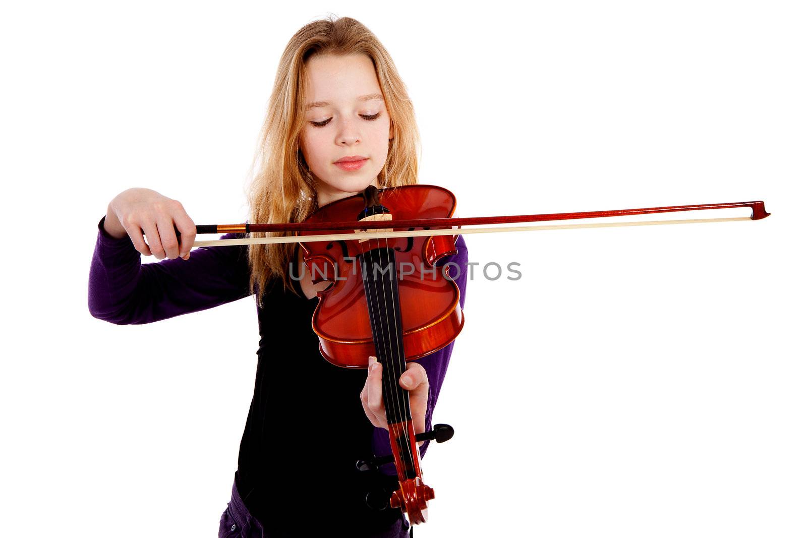 Girl is playing the violin over white background