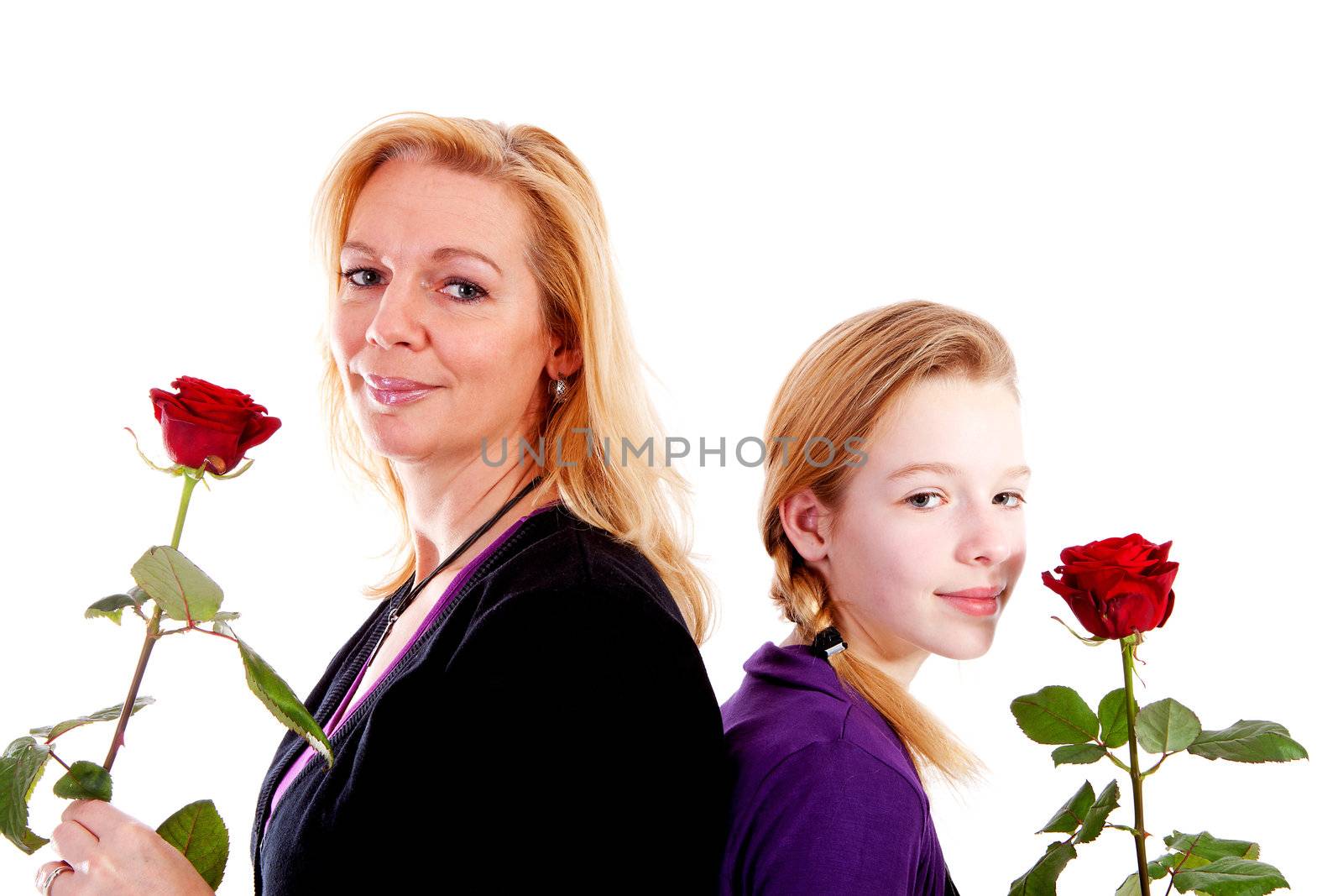 Mother and daughter with red roses over white background