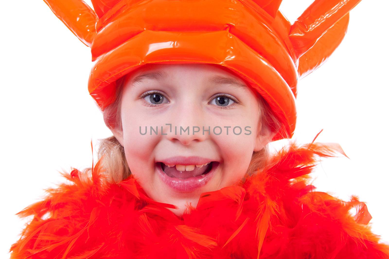 Girl with big blown up orange crown for Dutch soccer game or Queens day in closeup over white background