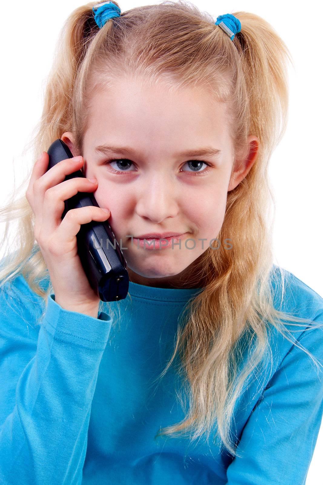 Girl is calling on the phone over white background