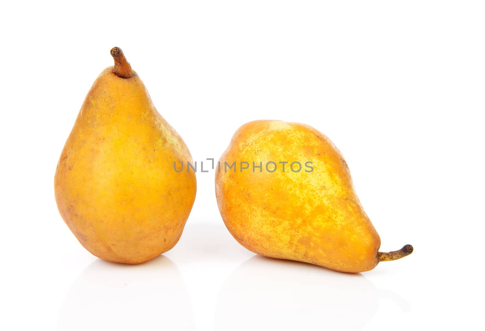 Two yellow fresh pears over white background