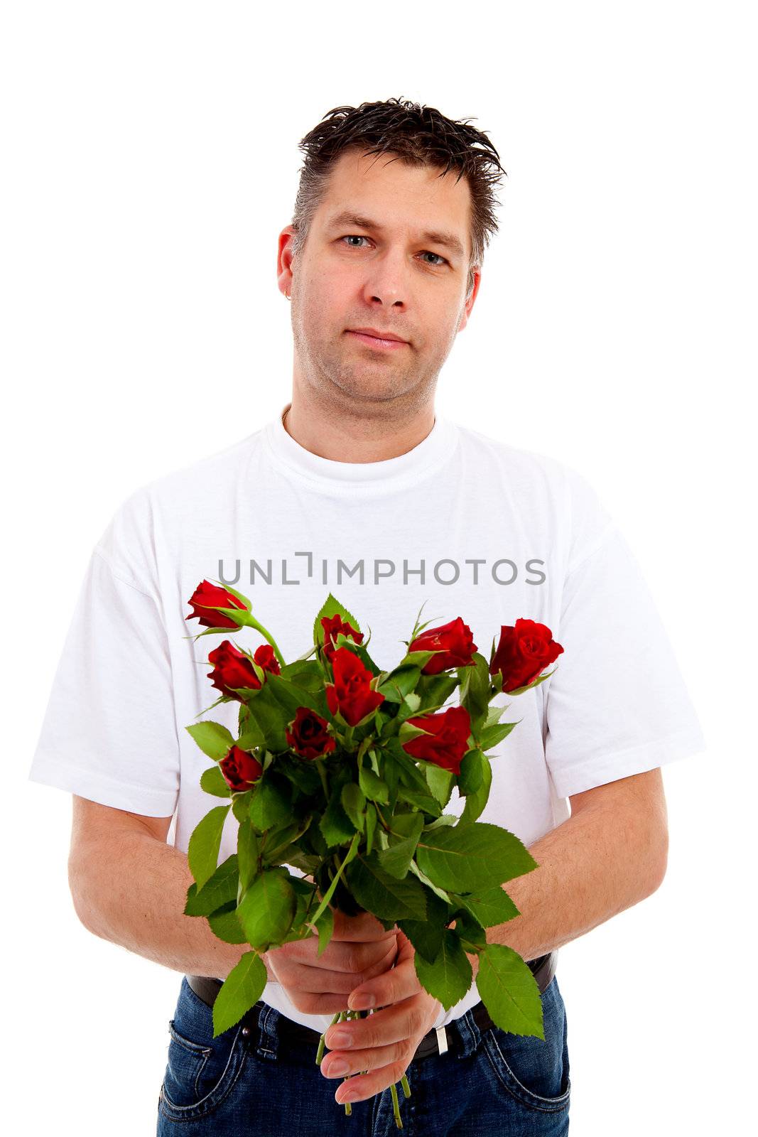 Handsome man is giving bouquet of roses by sannie32