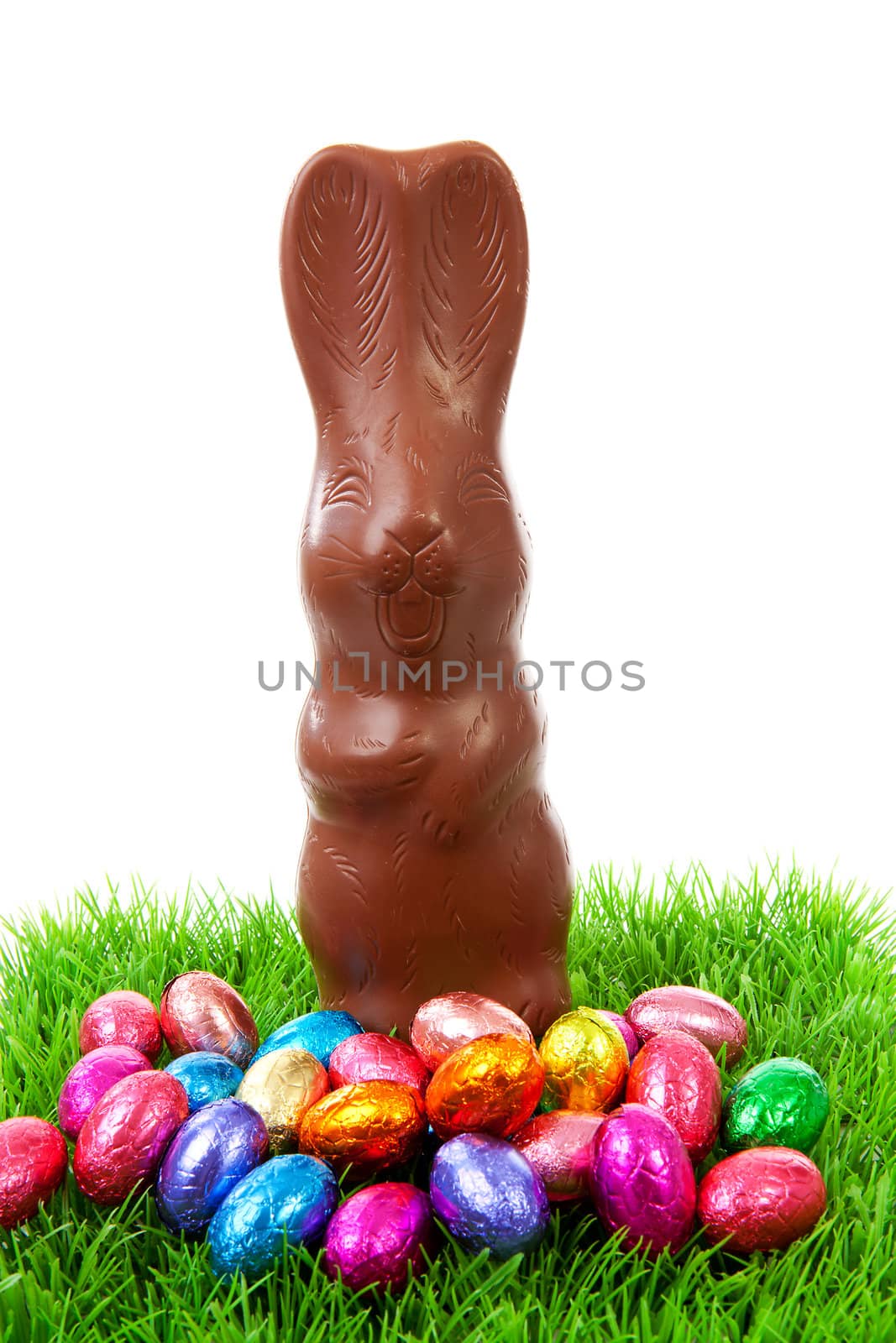 Chocolate easter bunny and colorful eggs on grass over white background