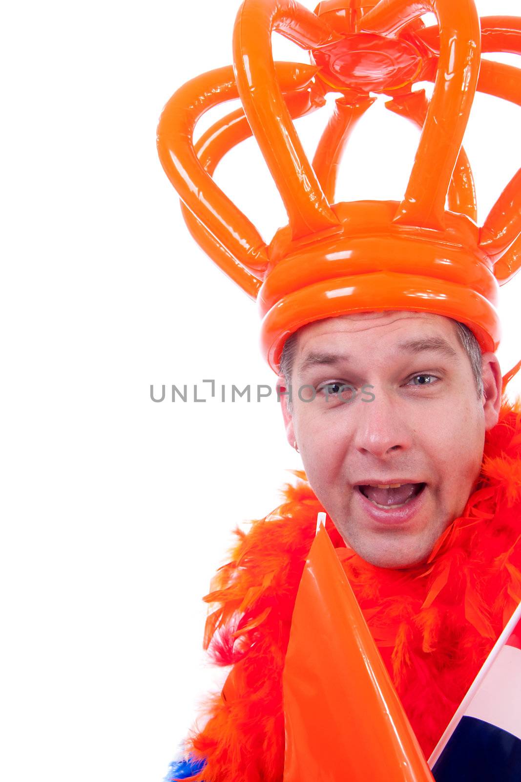 Man is posing in orange outfit for soccer game over white background