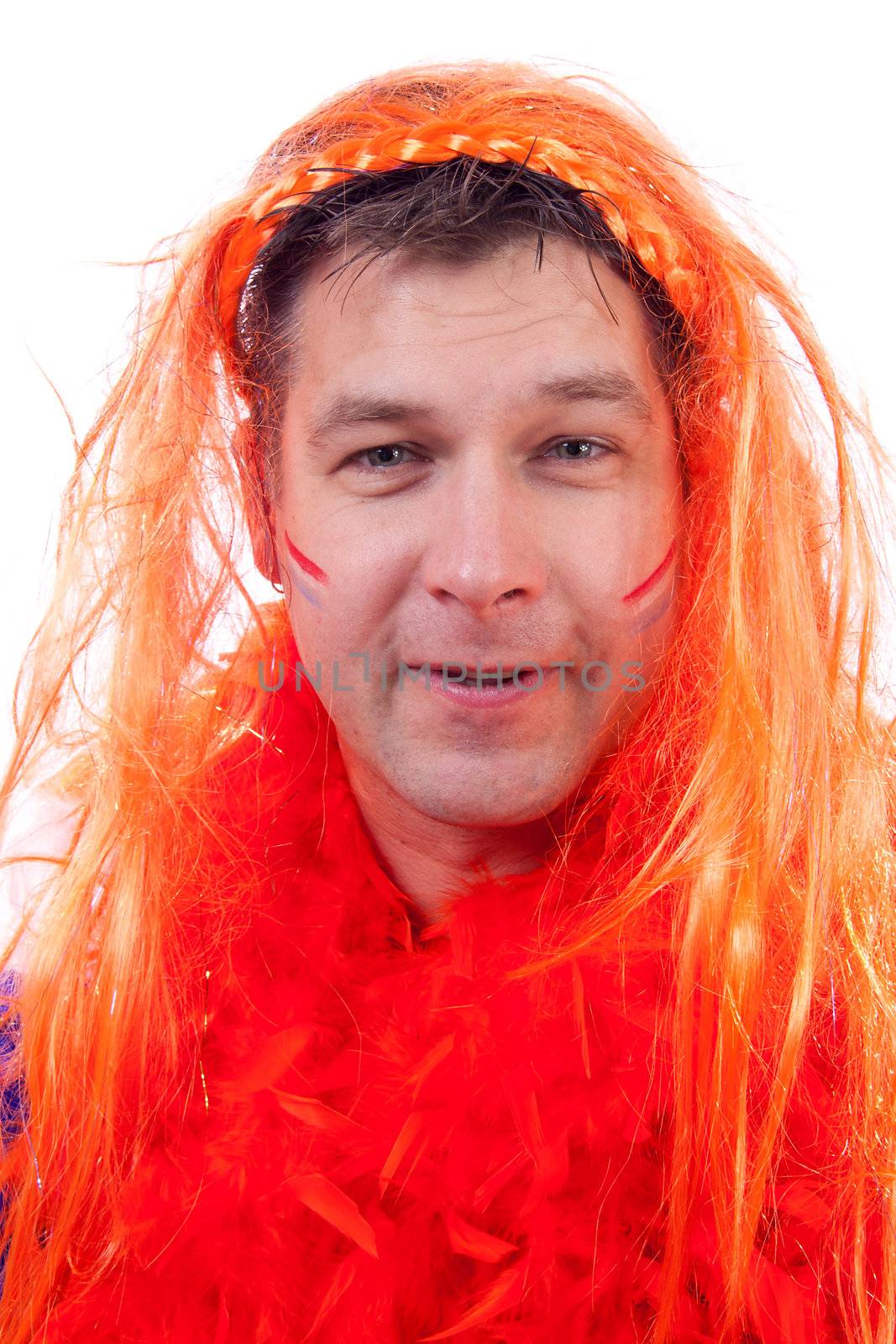 Man is posing in orange outfit for soccer game over white background