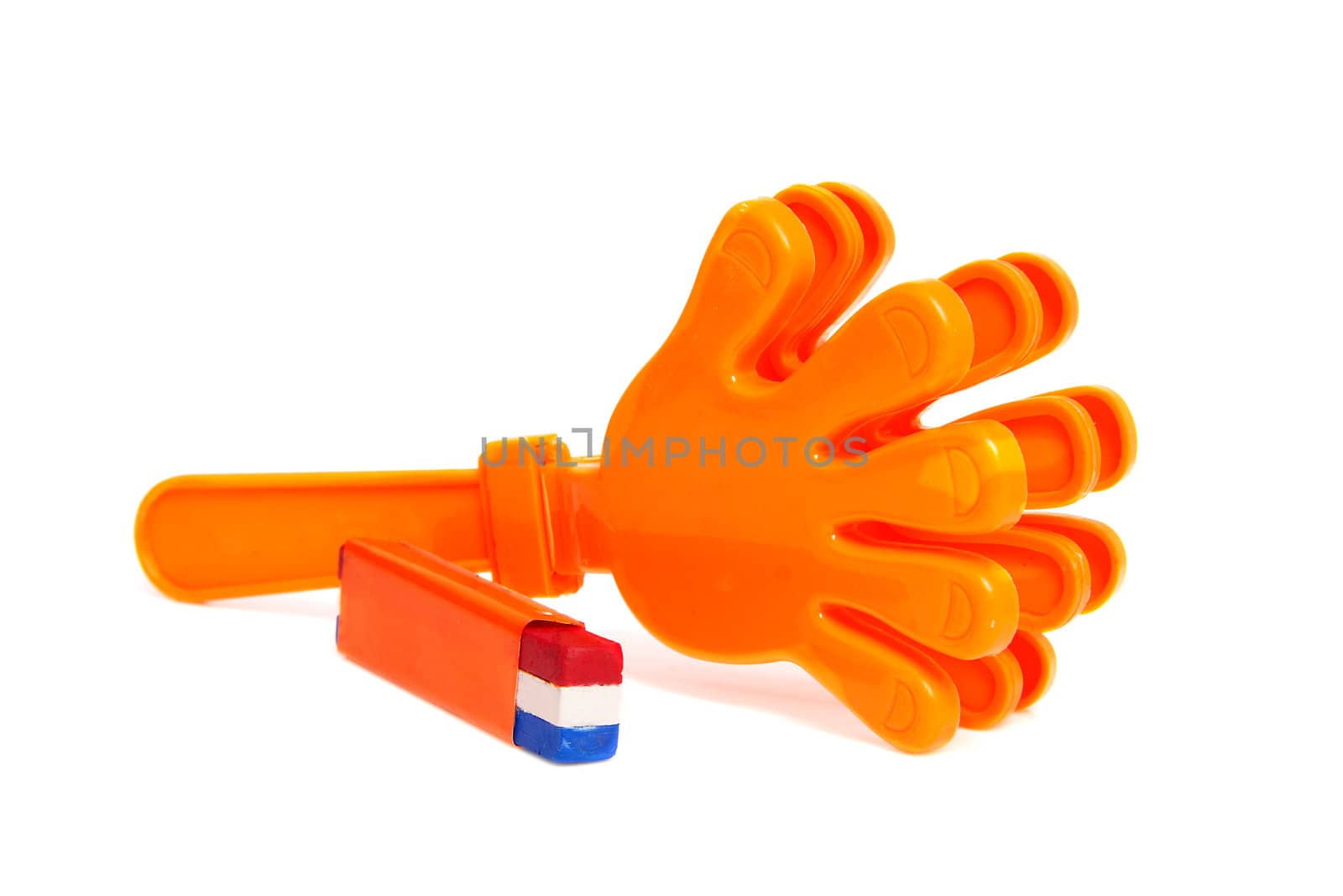 Dutch soccer accessories over white background, klapper hands and facial paint