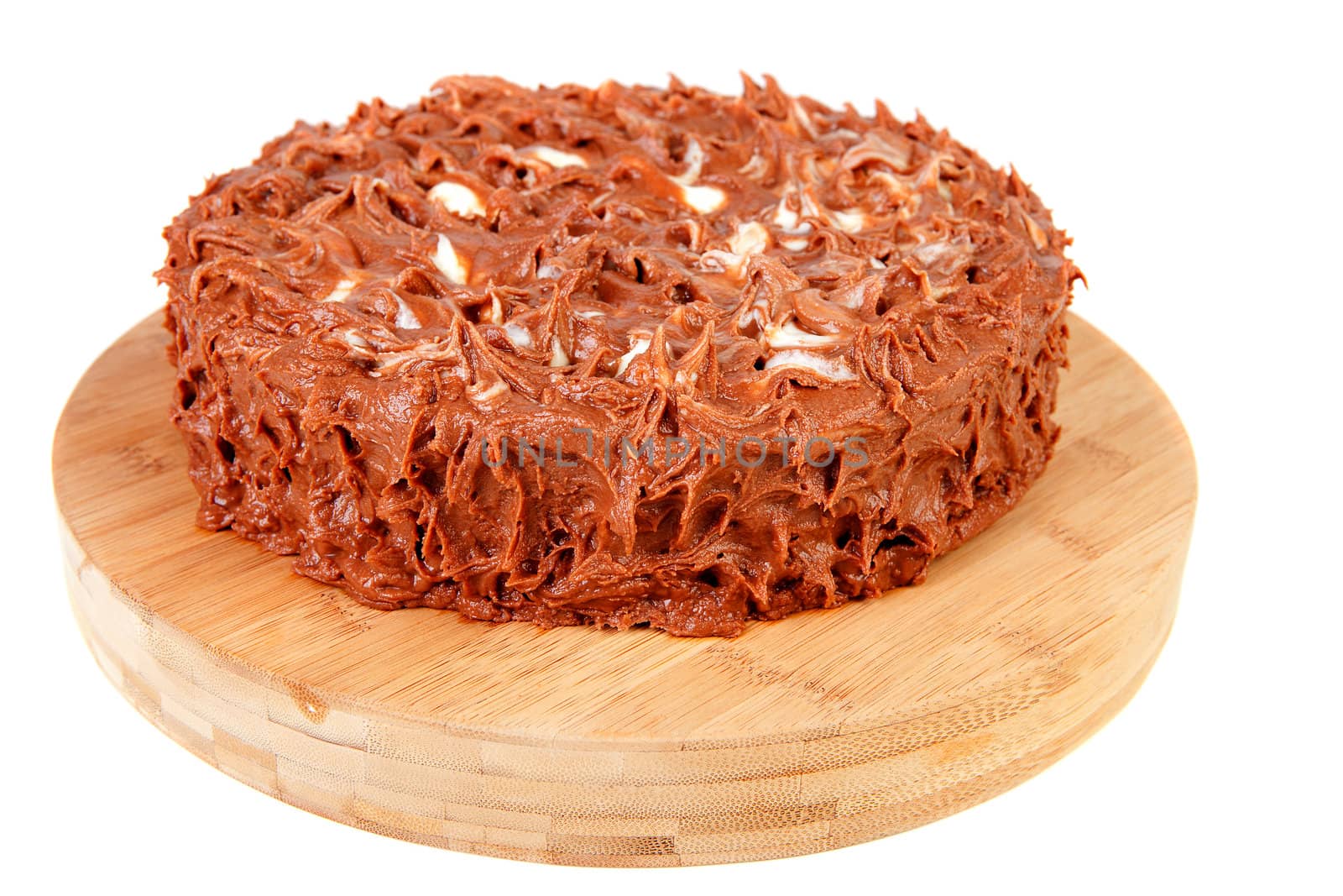delicious chocolate pie on wooden cutting board over white background