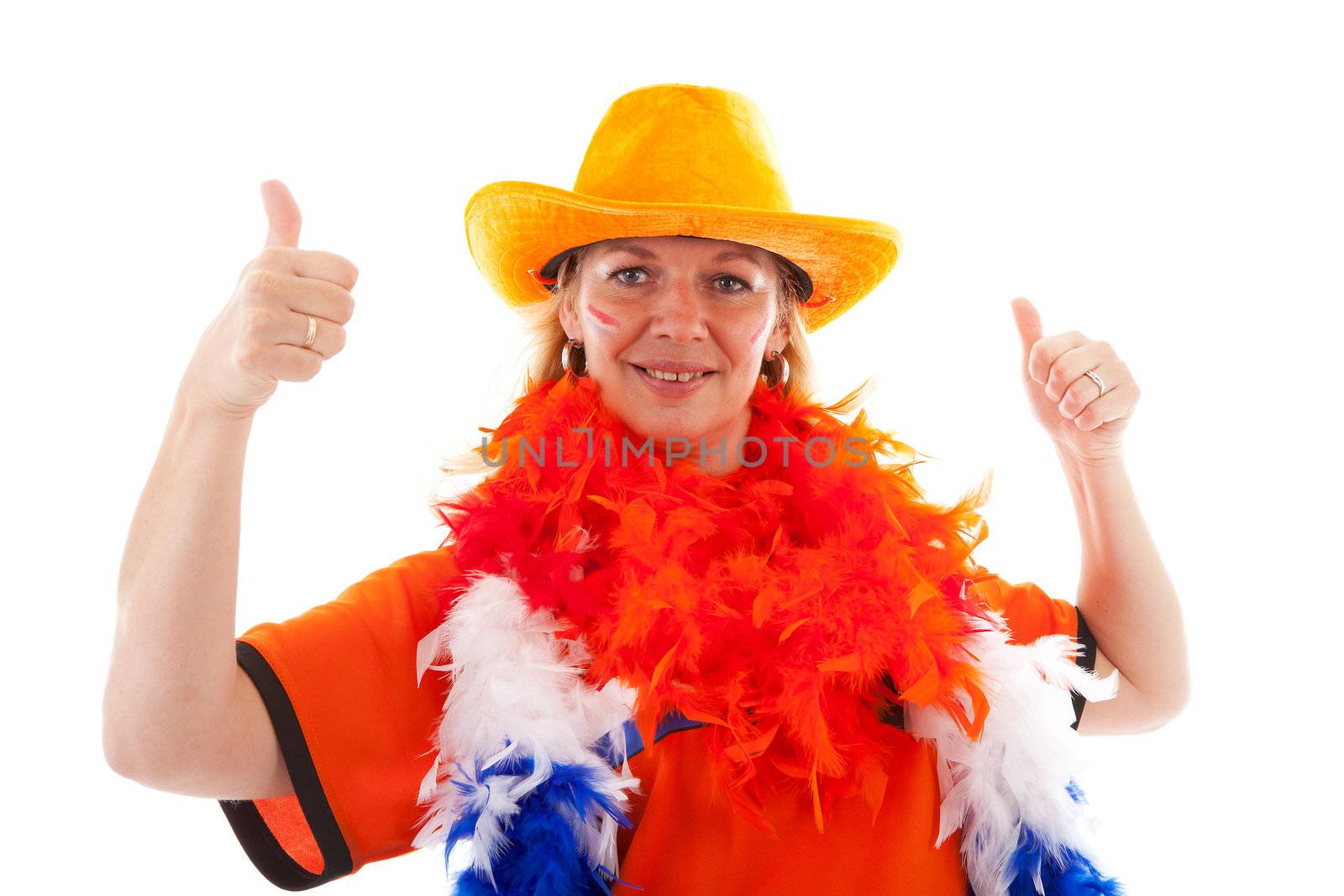 Dutch female soccer supporter in orange outfit with thumbs up over white background