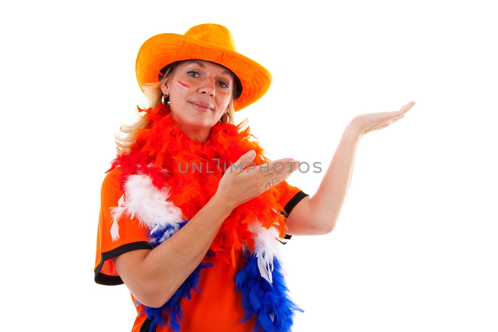 Dutch female soccer supporter in orange outfit is showing over white background