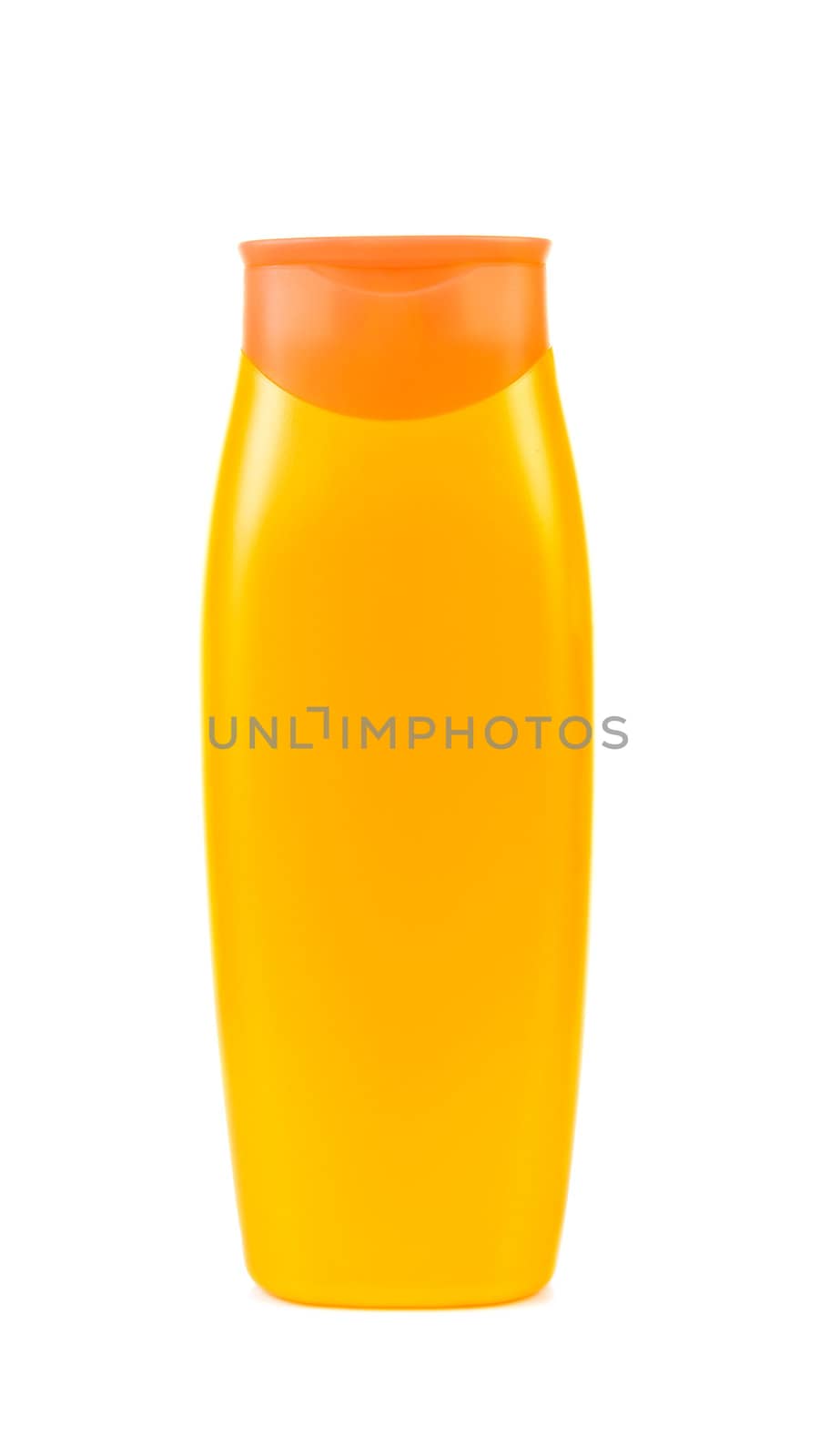 Yellow blank shampoo bottle over white background